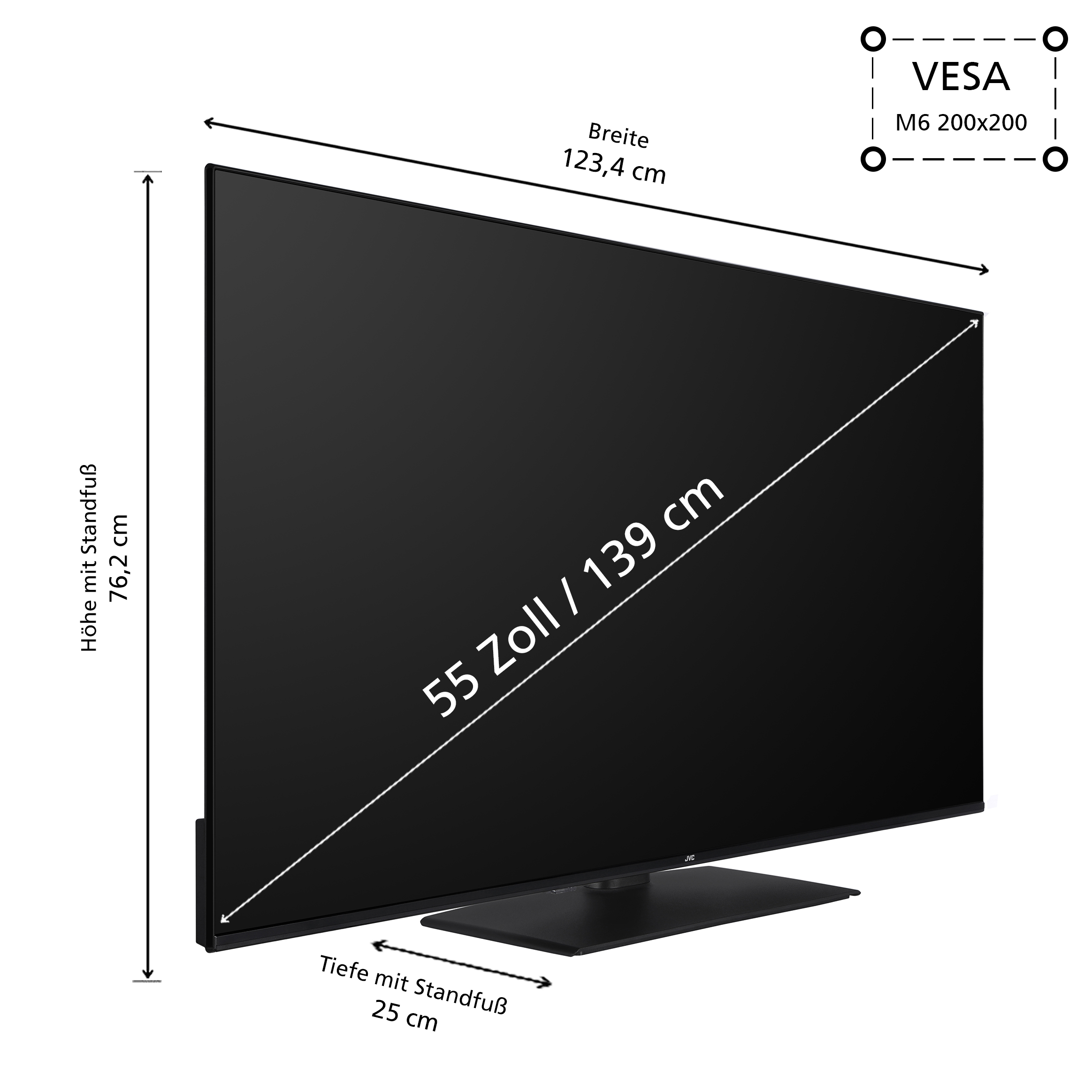Schwarzer TV-Bildschirm, Abmessungen und VESA-Halterung, 55 Zoll.