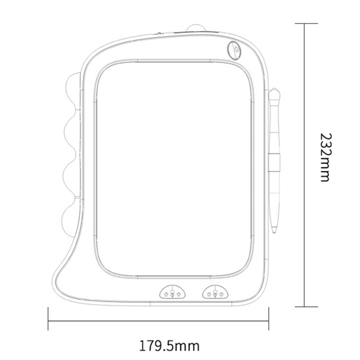 Weißer Zeichen-Tablet-Umriss mit Maßangaben in mm.