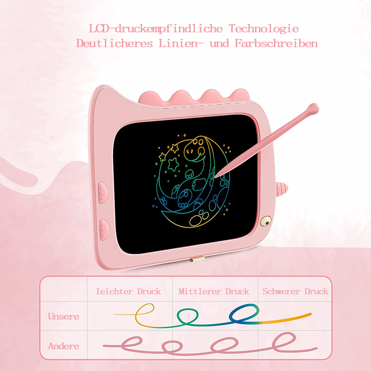 Rosa Zeichentablett für Kinder, mit einer Zeichnung auf dem Bildschirm und einem rosa Stift.