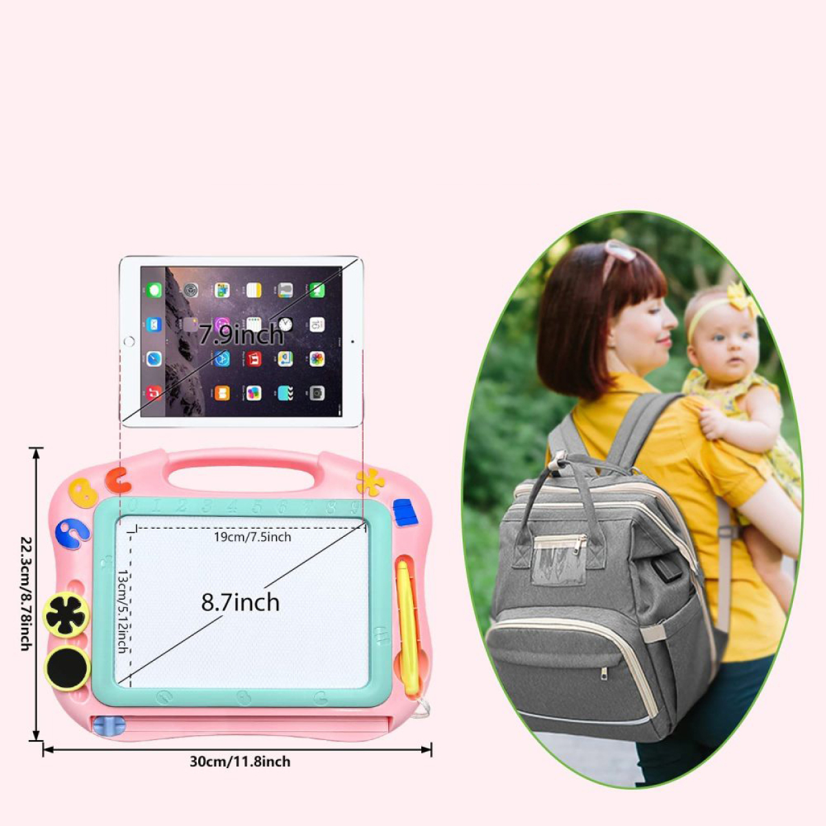 Tablet, Zeichenbrett und Wickeltasche, im Hintergrund eine Frau mit Baby.
