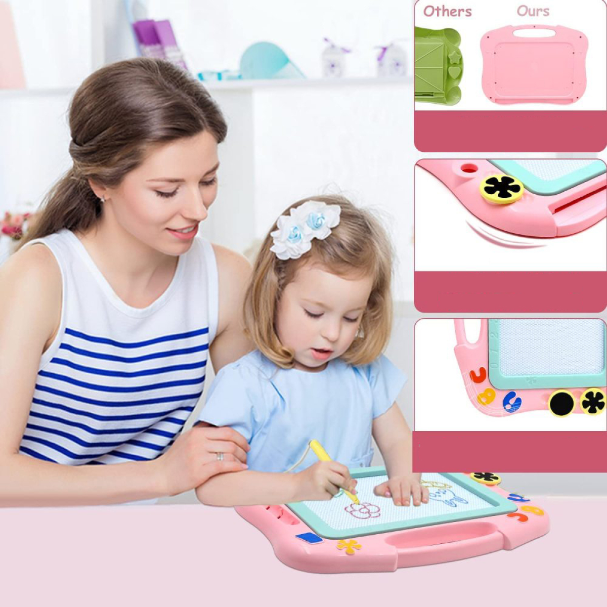 Eine Frau und ein Kind spielen mit einer rosa magnetischen Zeichenfläche und einem gelben Stift.