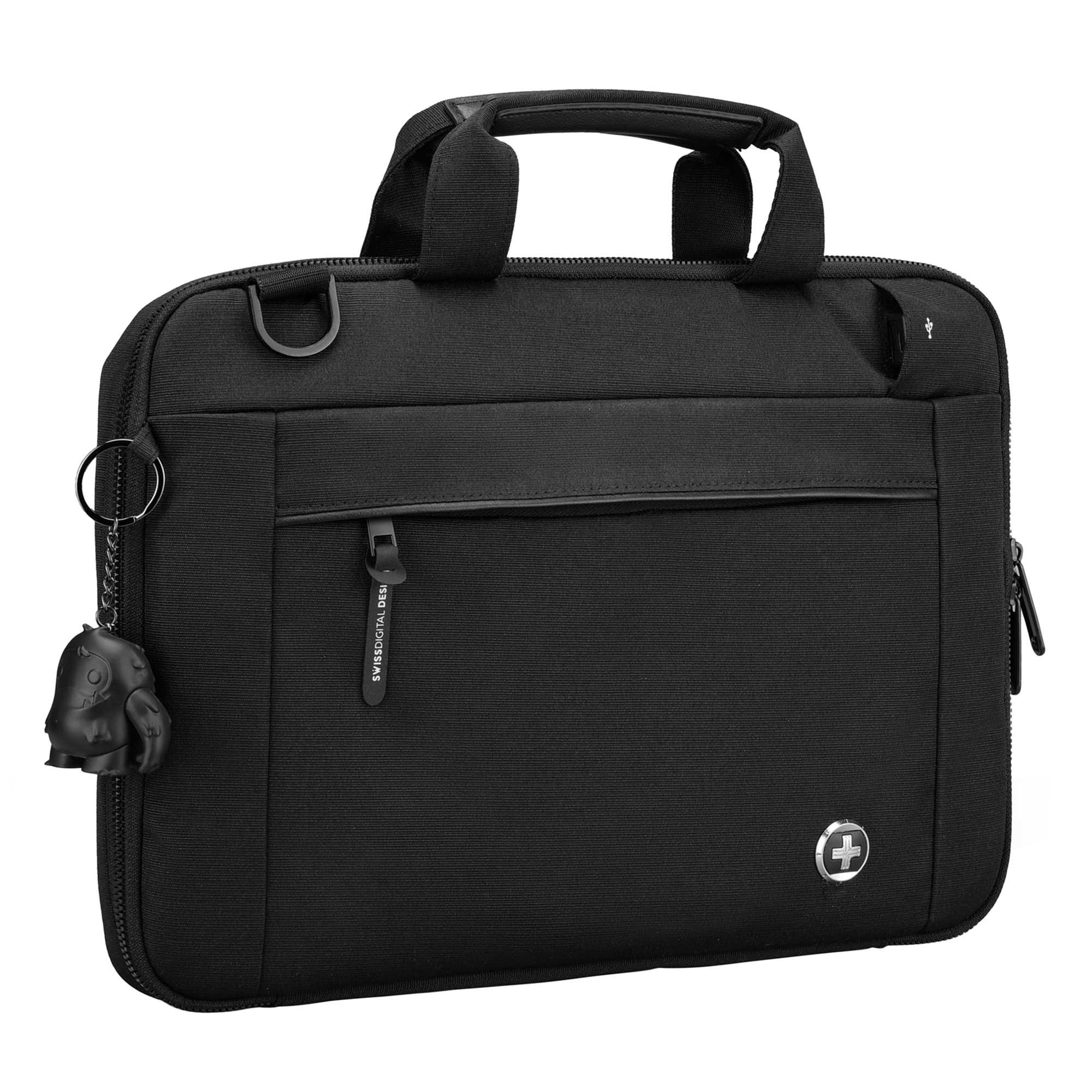 Borsa per laptop nera con manico, tracolla e portachiavi.