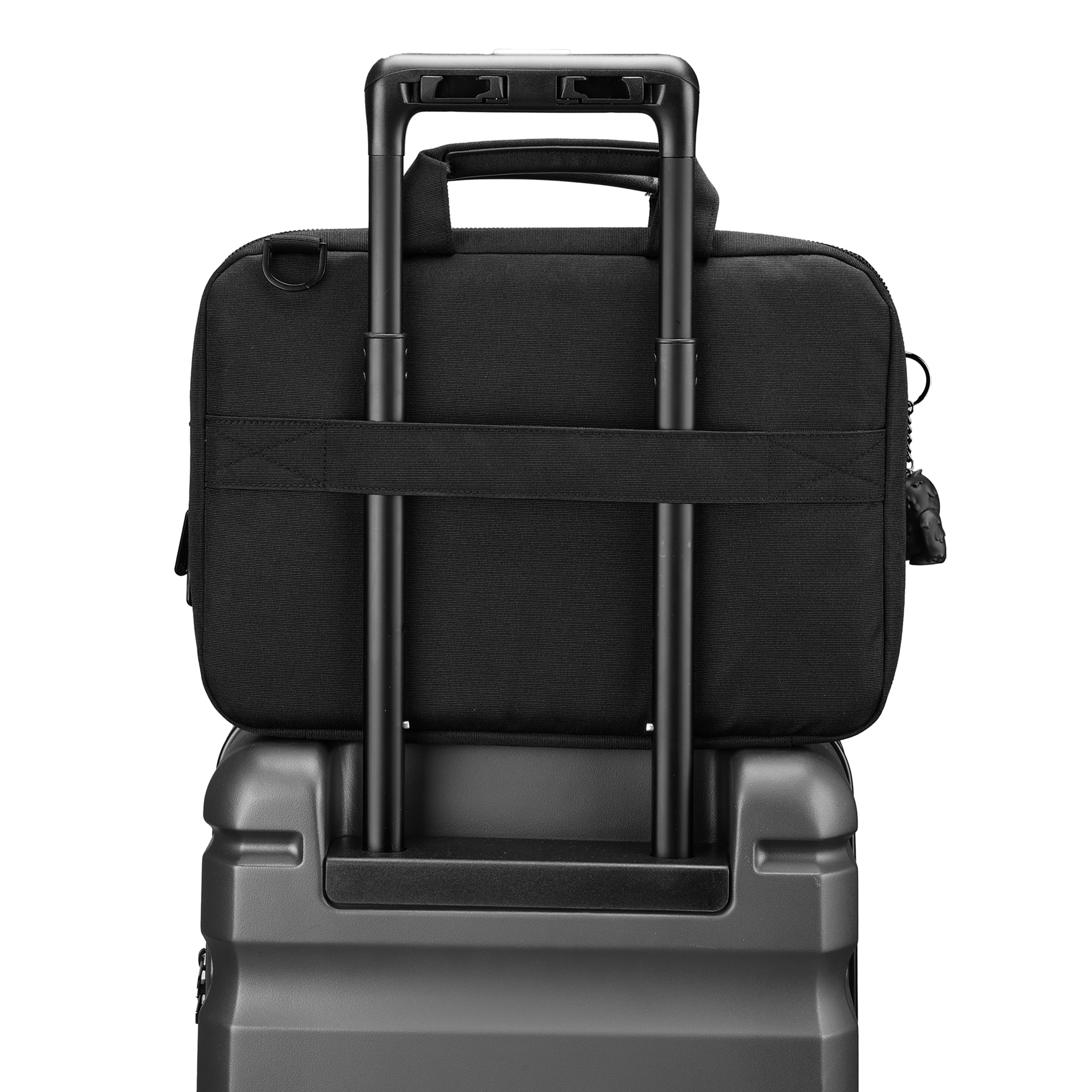 Valigia nera con una borsa per laptop nera fissata sopra. Maniglia nera in alto.