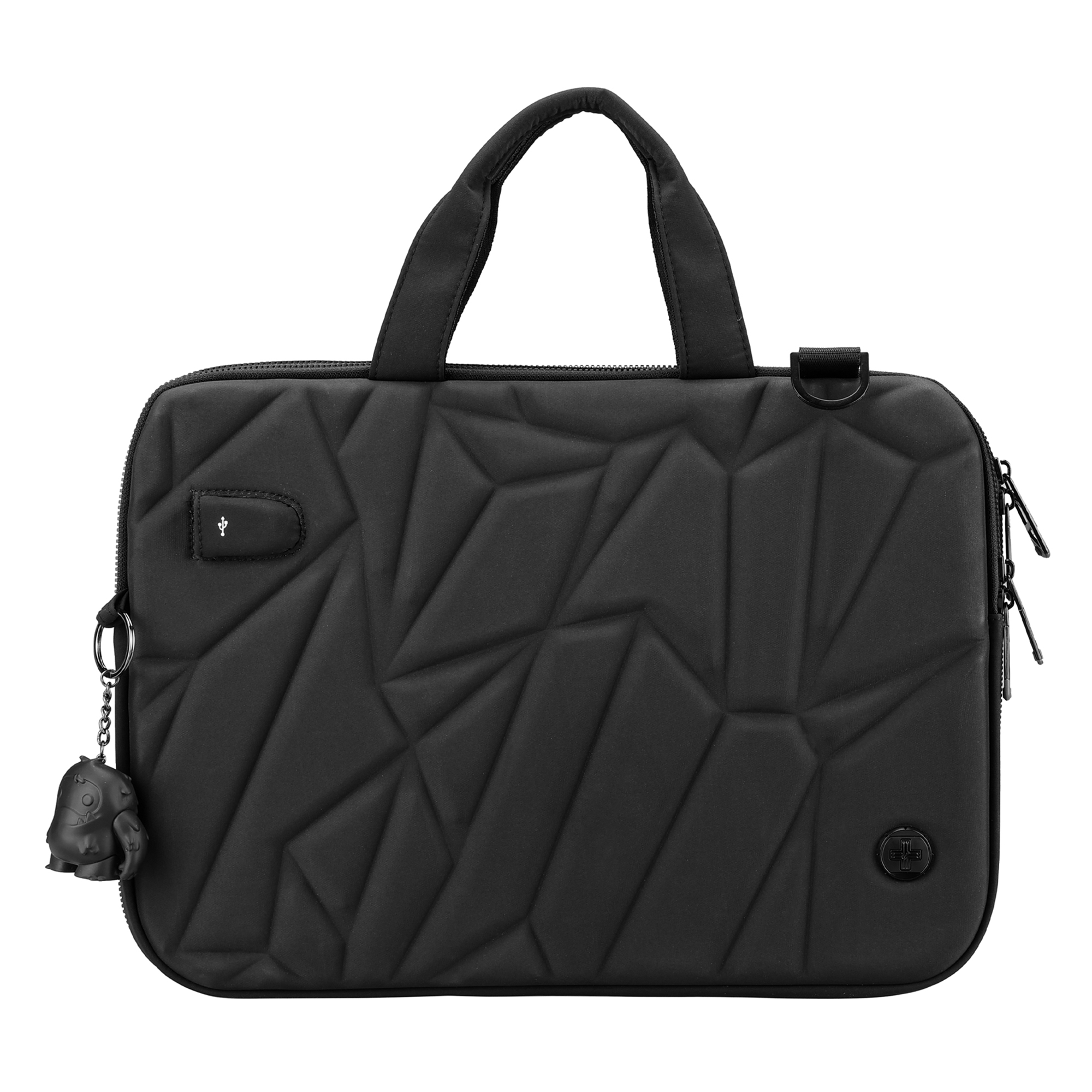 Borsa per laptop nera con motivo geometrico, manico e un piccolo ciondolo.
