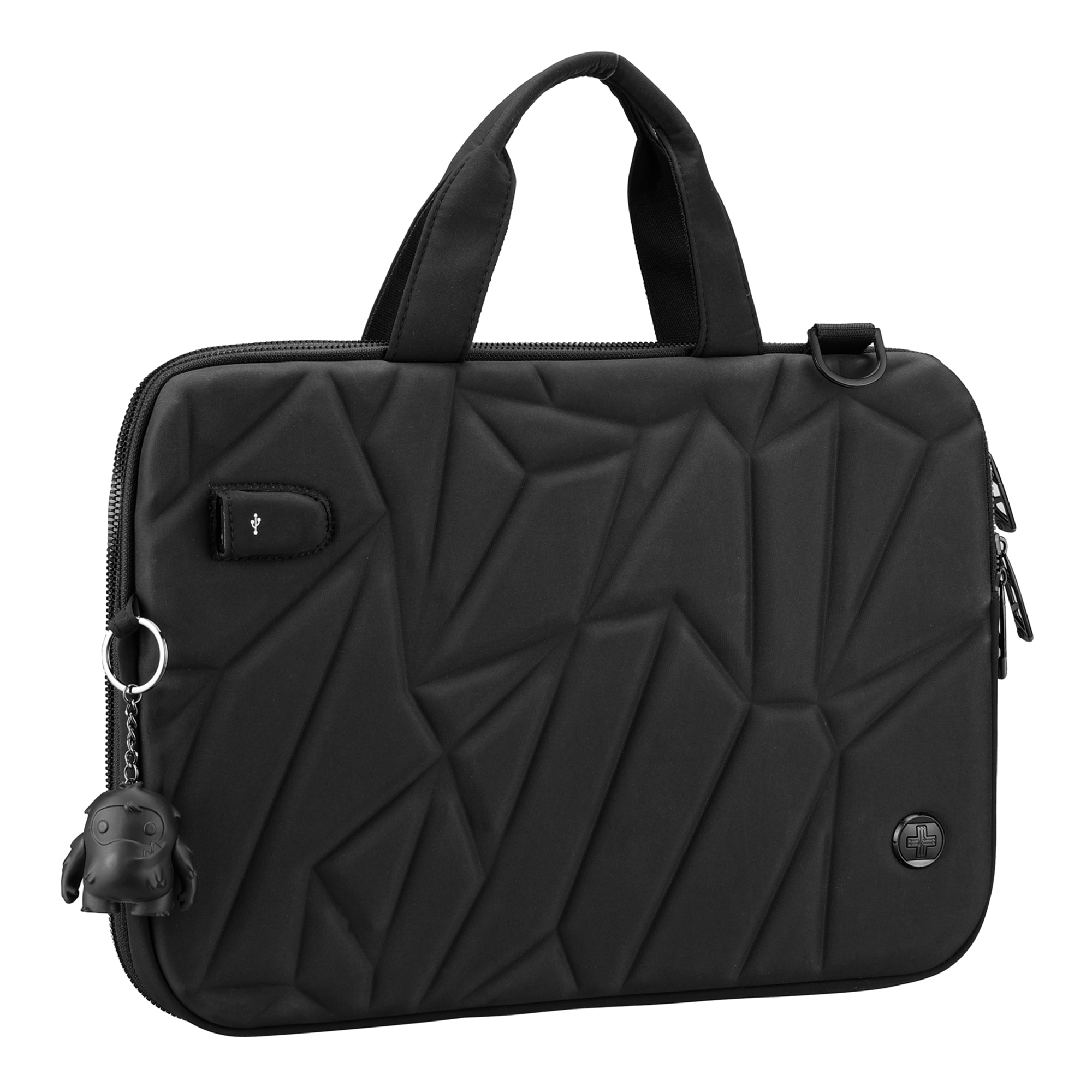 Borsa nera con design strutturato, un piccolo ciondolo e una porta USB.