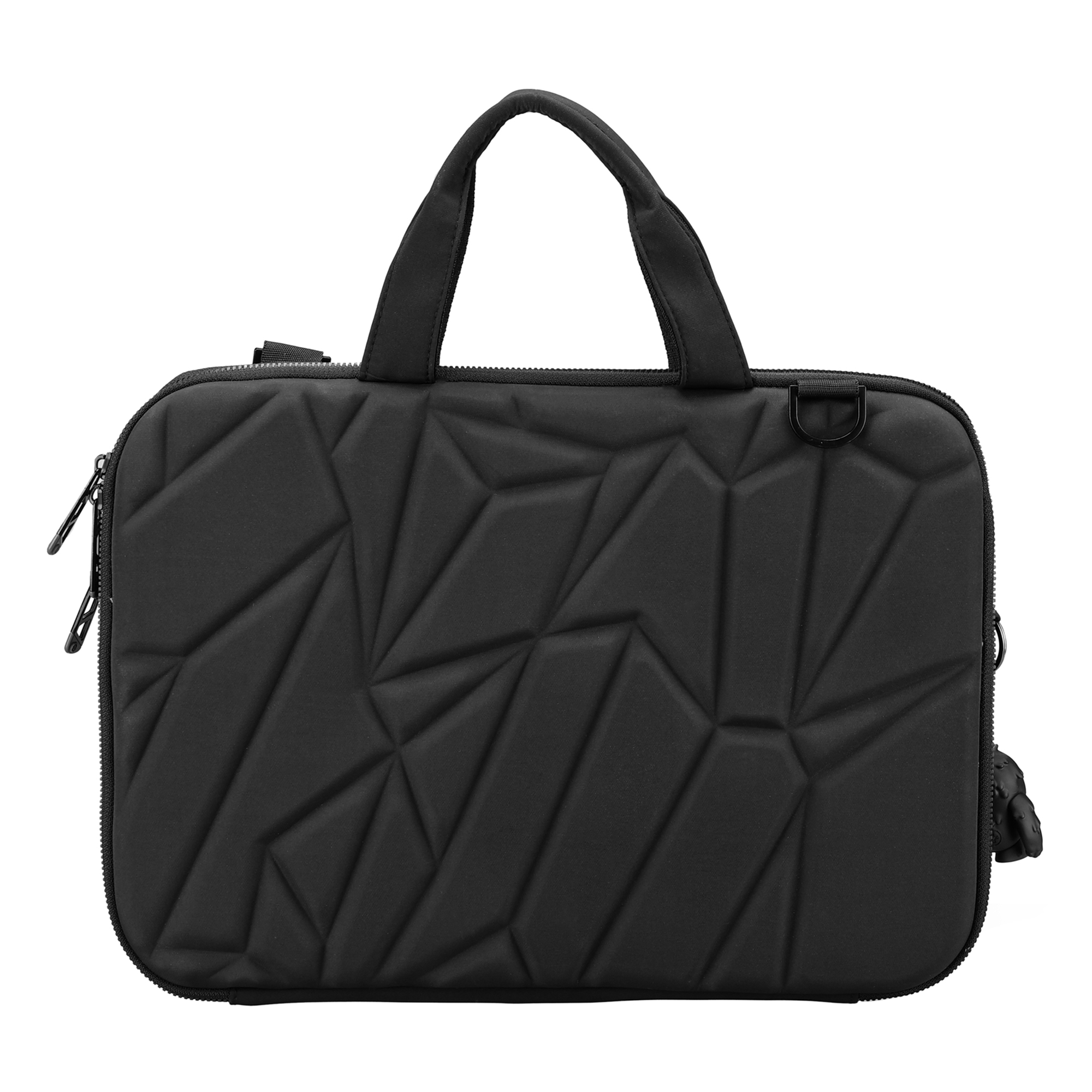 Borsa nera per laptop con motivo geometrico e maniglia, su sfondo bianco.