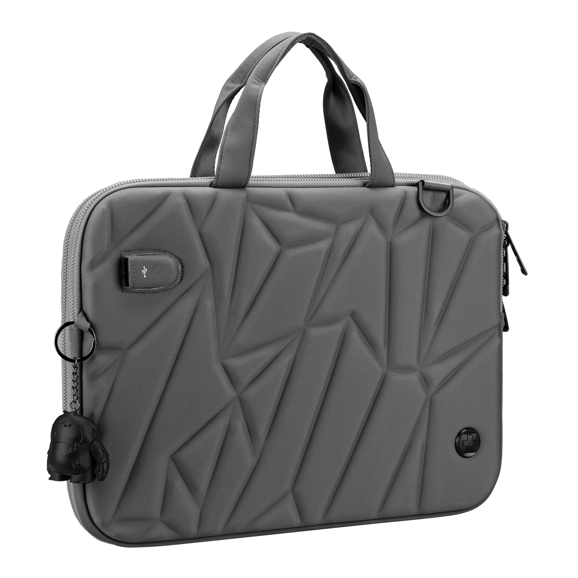 Borsa grigia per laptop con motivo geometrico, manico e cerniera.
