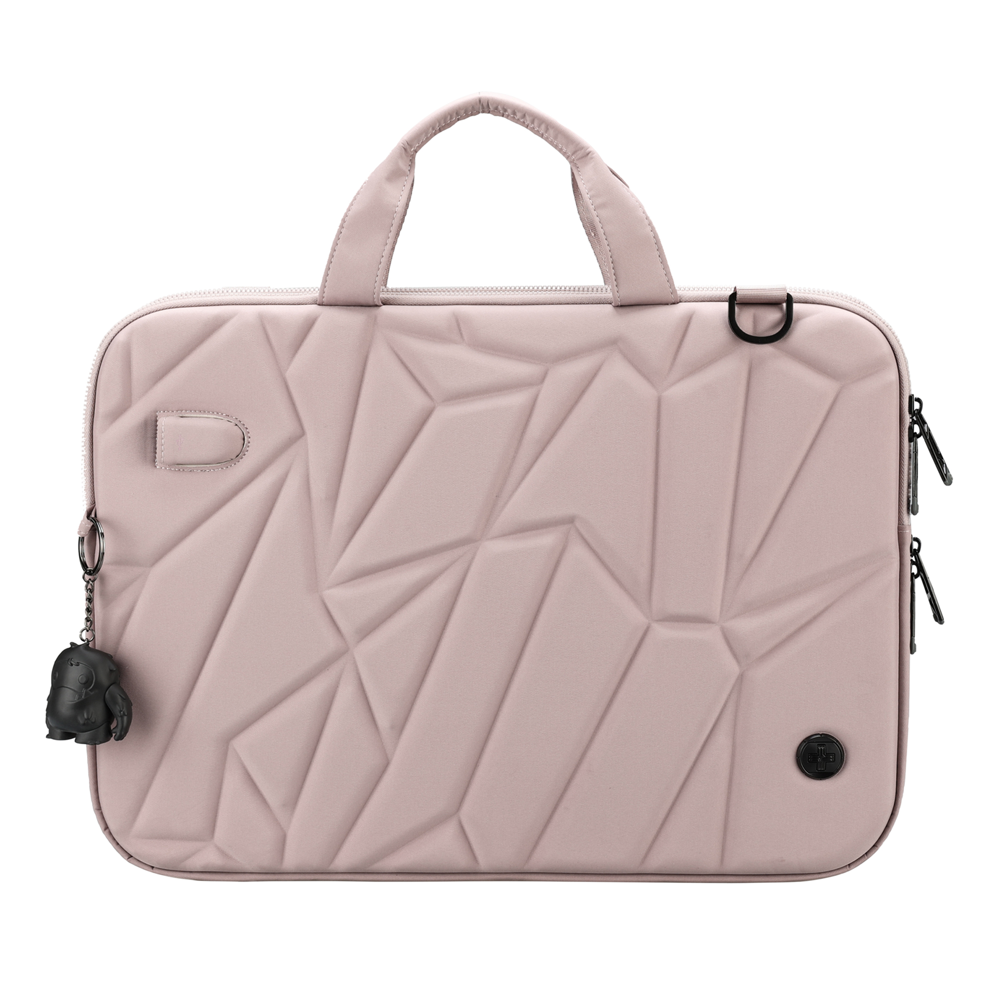 Borsa per laptop rosa con dettagli neri e un ciondolo. Sfondo bianco.