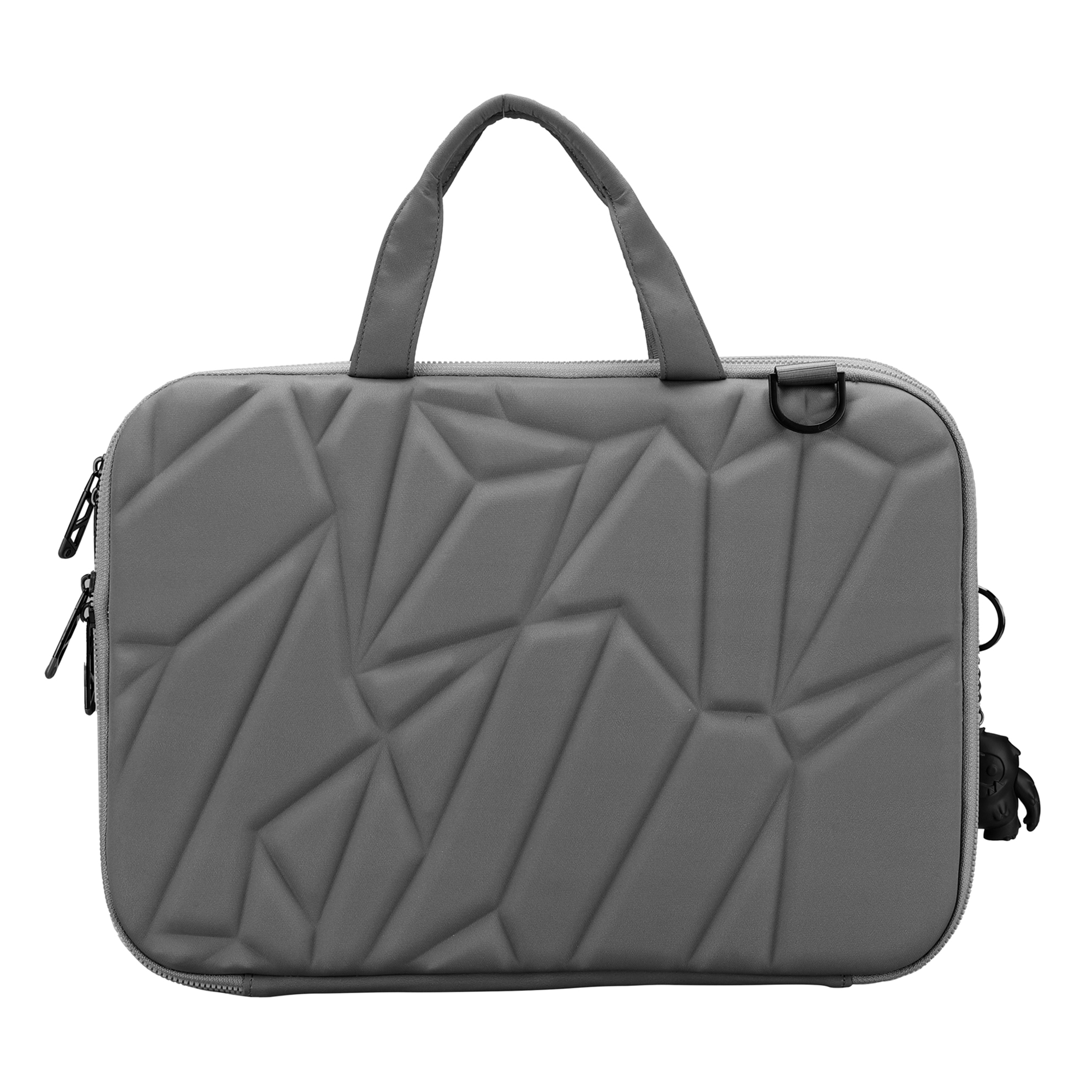 Borsa per laptop grigia geometrica con manico e attacco per tracolla. Cerniere laterali.