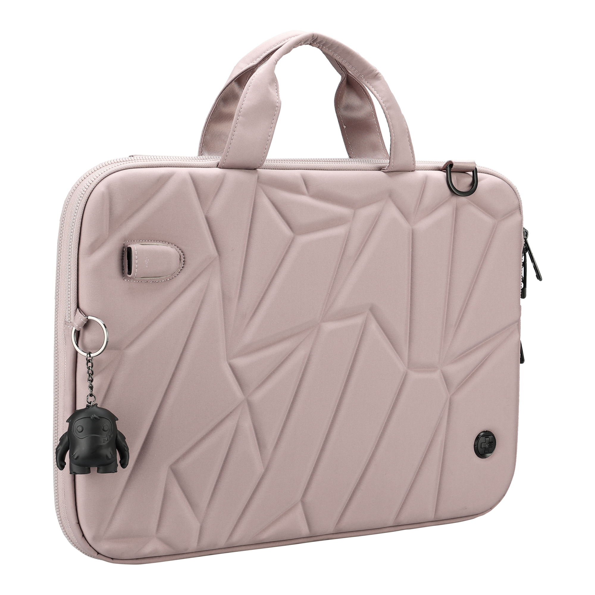 Borsa rosa per laptop con manico e un ciondolo a forma di cartone animato.