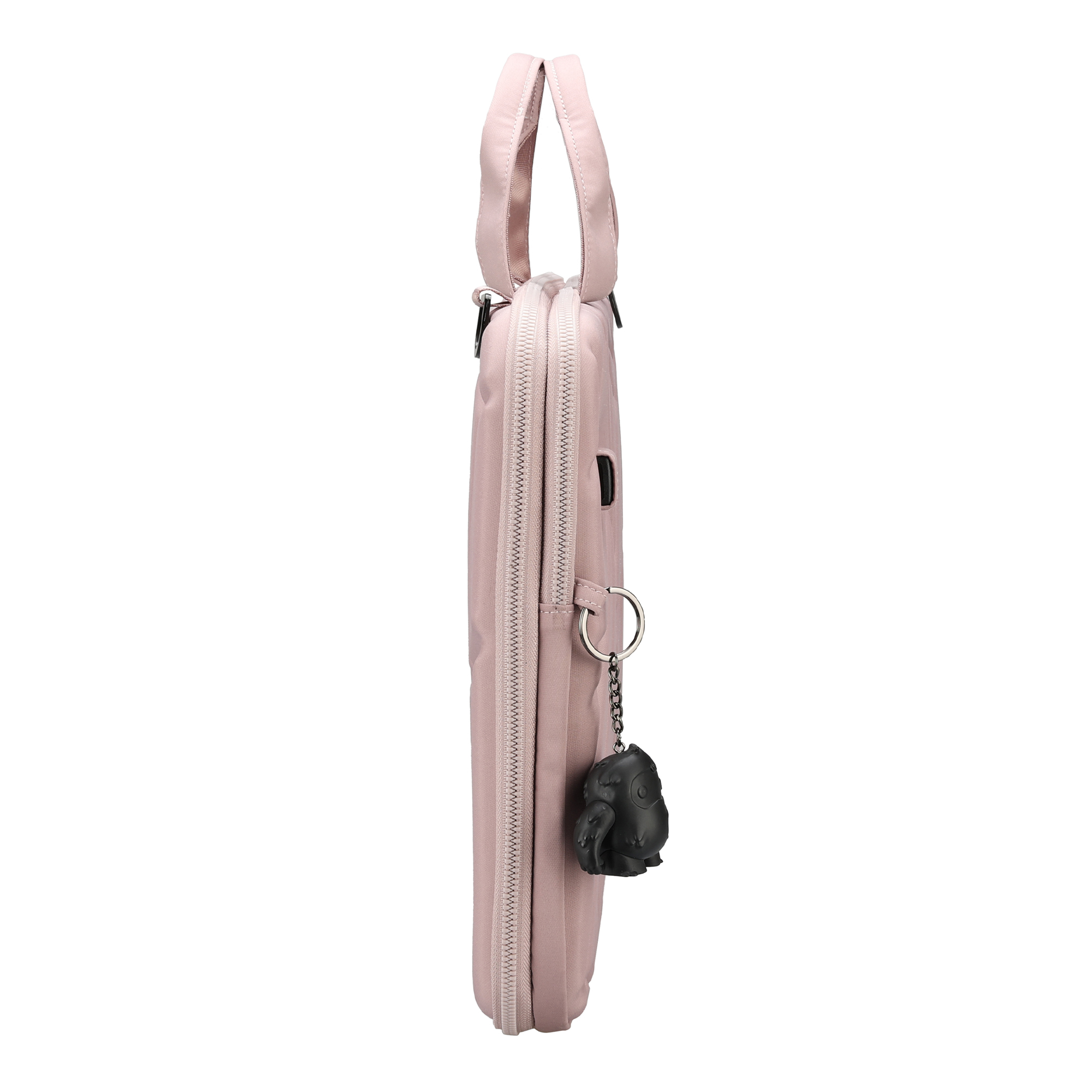 Custodia rosa per laptop con zip e manico. Un ciondolo nero pende dal lato.