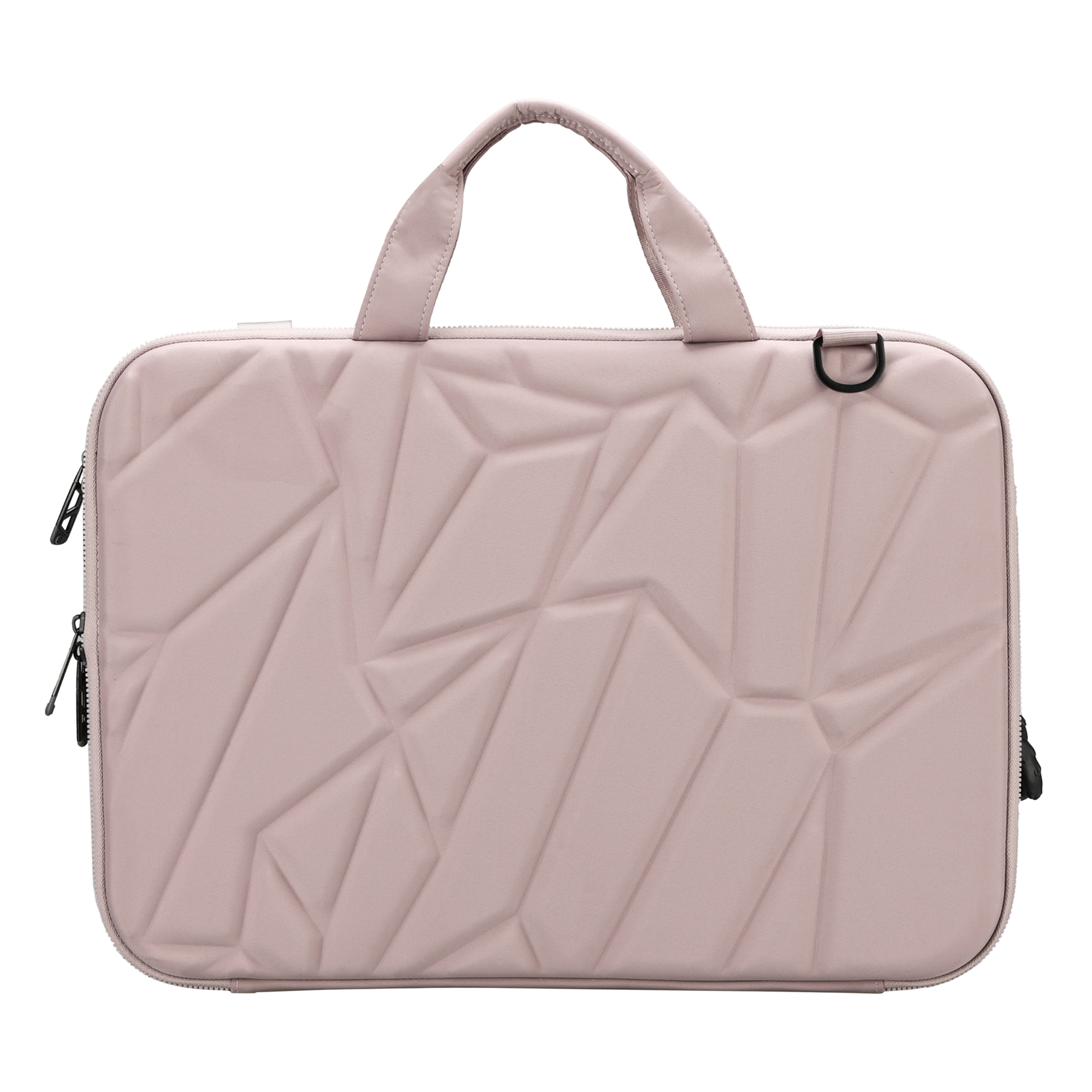 Una custodia rosa per laptop con un design geometrico. La custodia ha manici e cerniere.