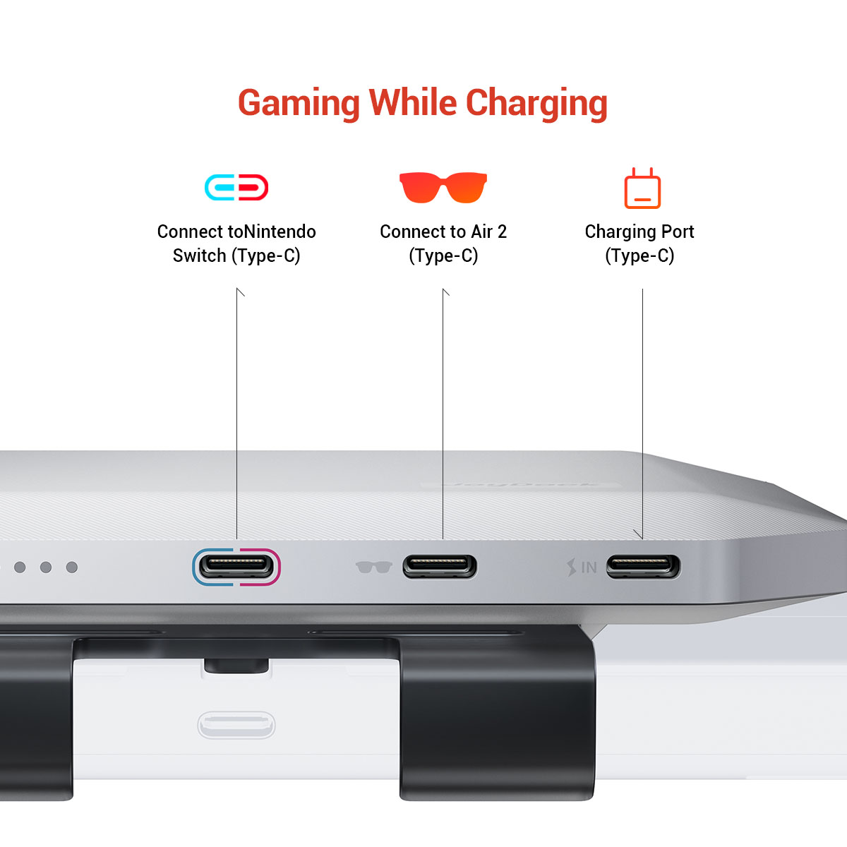 Gaming console ports, with labels. Connect to Switch (Type-C), Air 2 (Type-C), Charging Port (Type-C).