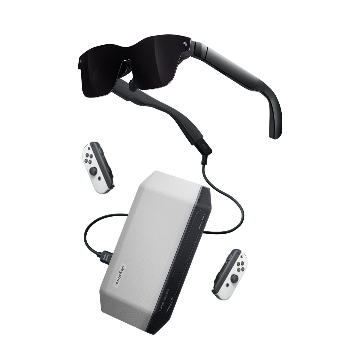 Black sunglasses, two white game controllers, and a white power bank on a white background.