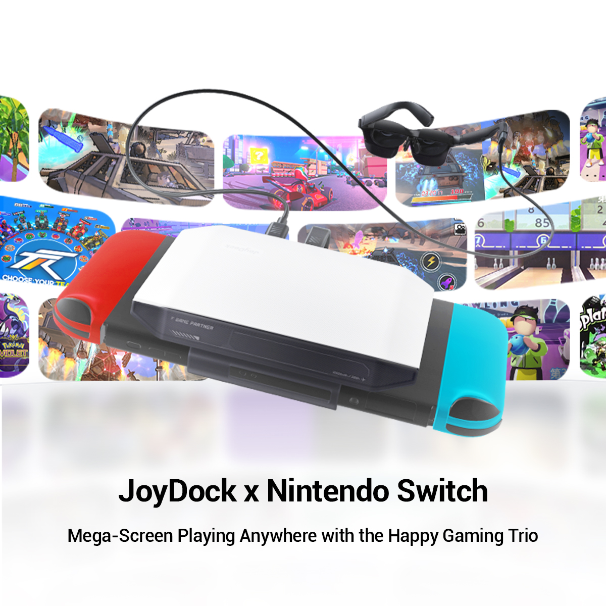 JoyDock x Nintendo Switch setup with a variety of game scenes on the background.