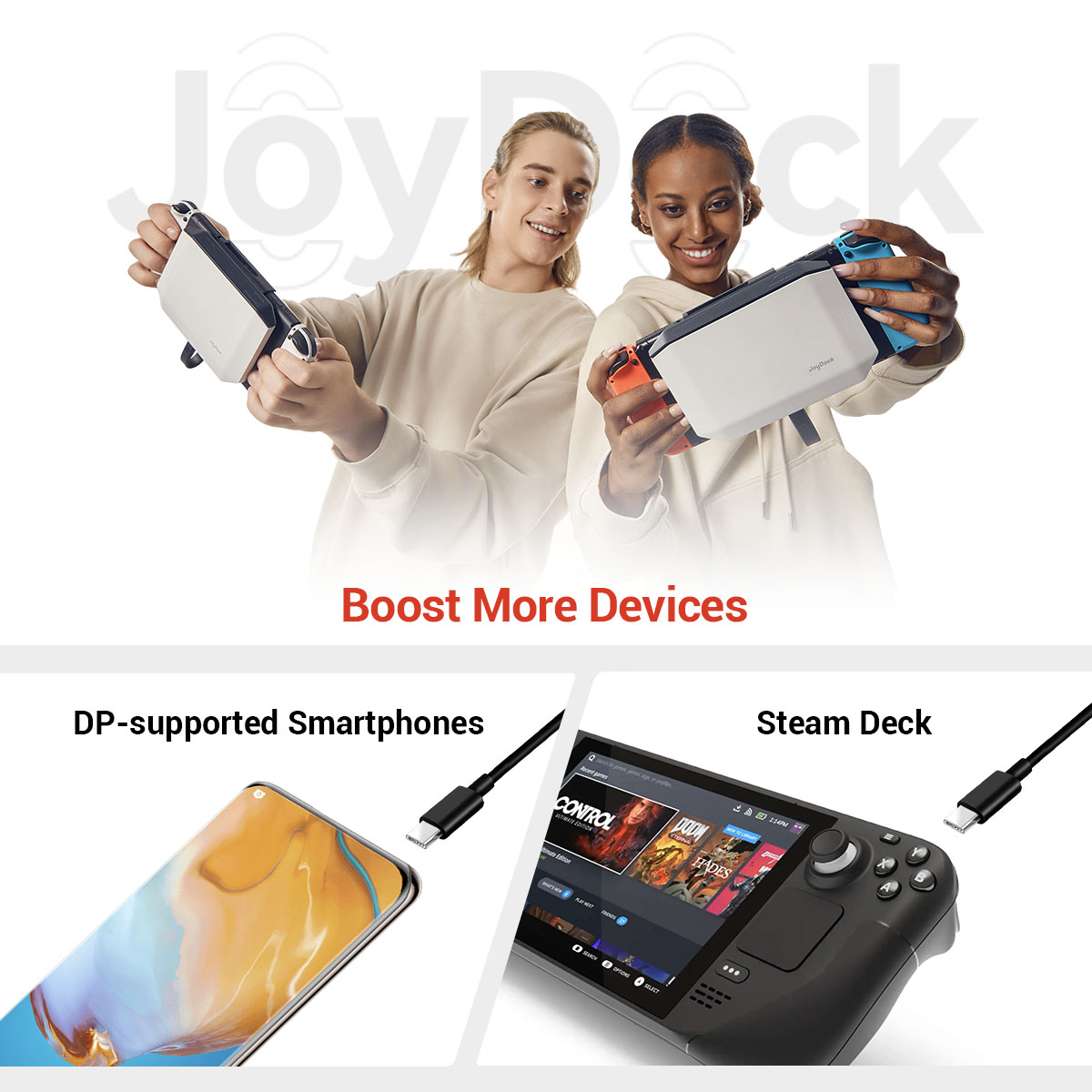 Two people holding JoyDock controllers with connected devices, a phone and a Steam Deck.