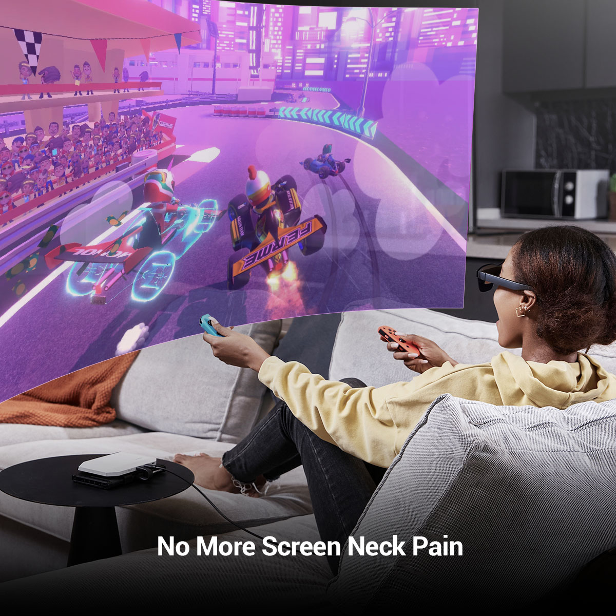 Woman wearing glasses, playing a VR racing game. The scene is a virtual world of race cars.