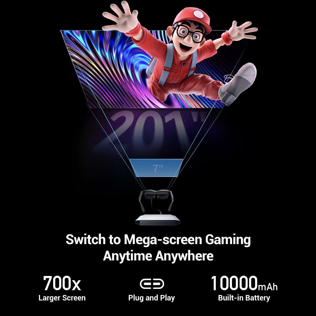 A boy in a red hat and glasses jumps out of a screen, a VR headset and text is below.