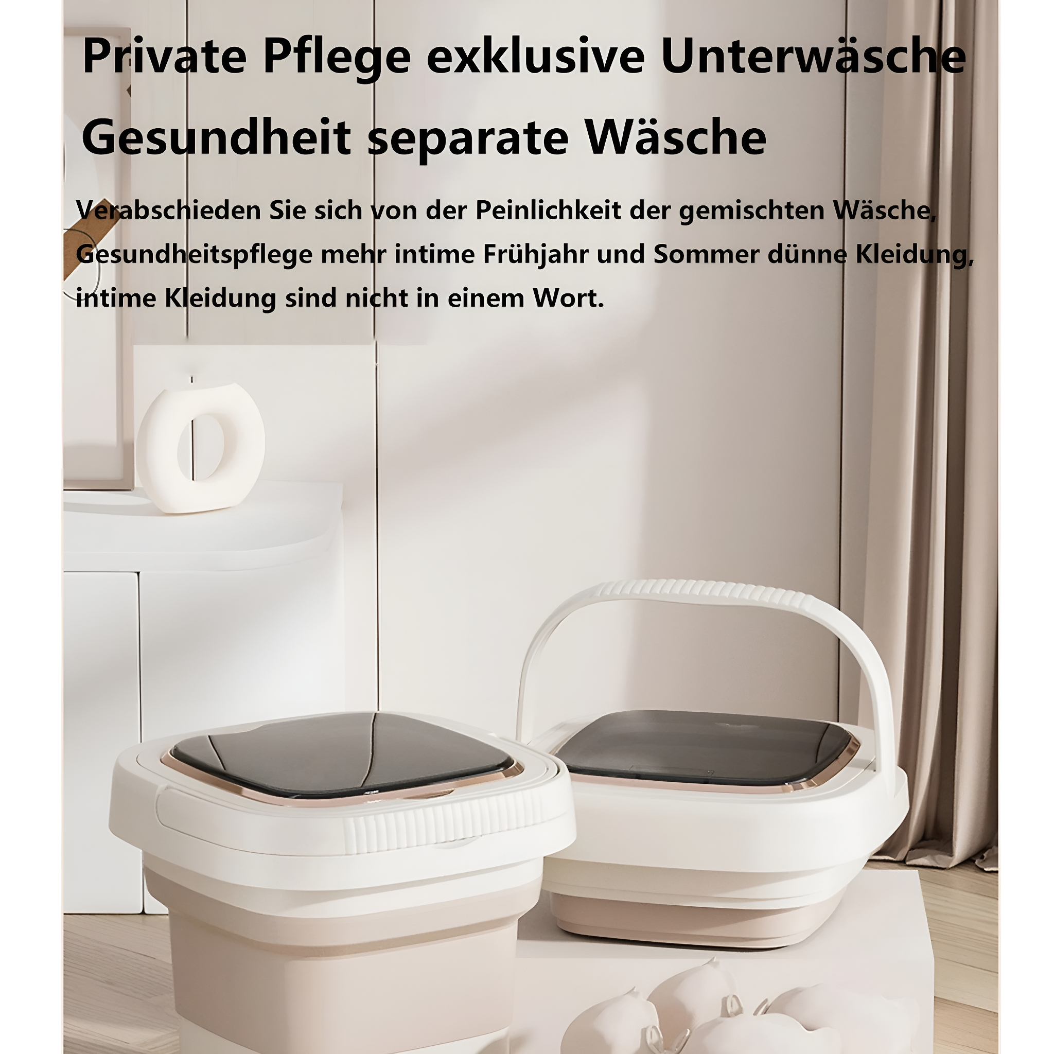 Zwei faltbare Wäschekörbe. Text: Private Pflege exklusive Unterwäsche Gesundheit separate Wäsche.