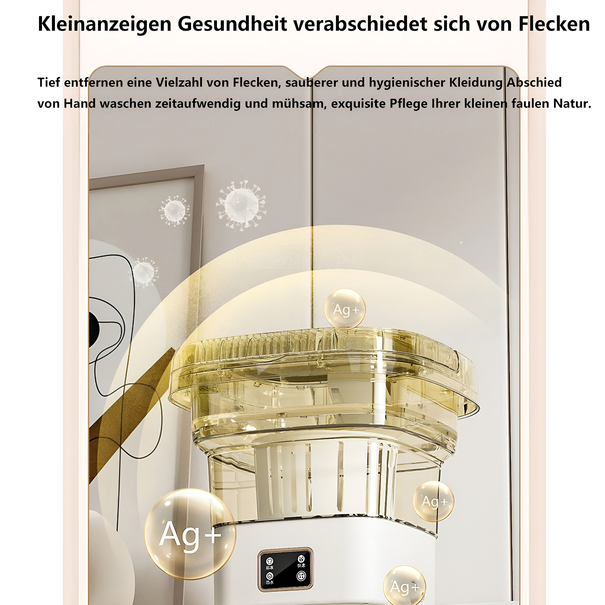 Geräte-Reinigungssystem mit Text und Grafiken, zeigt Ag+-Kreise.