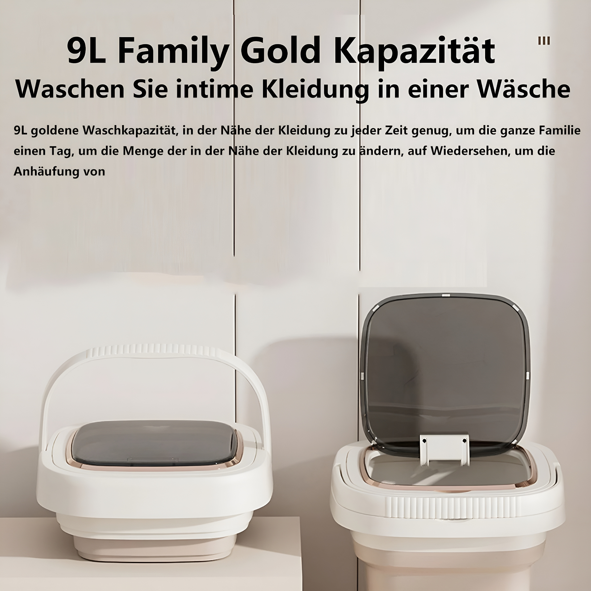 Zwei weiße und goldene faltbare Waschmaschinen. Eine ist geöffnet, die andere geschlossen.