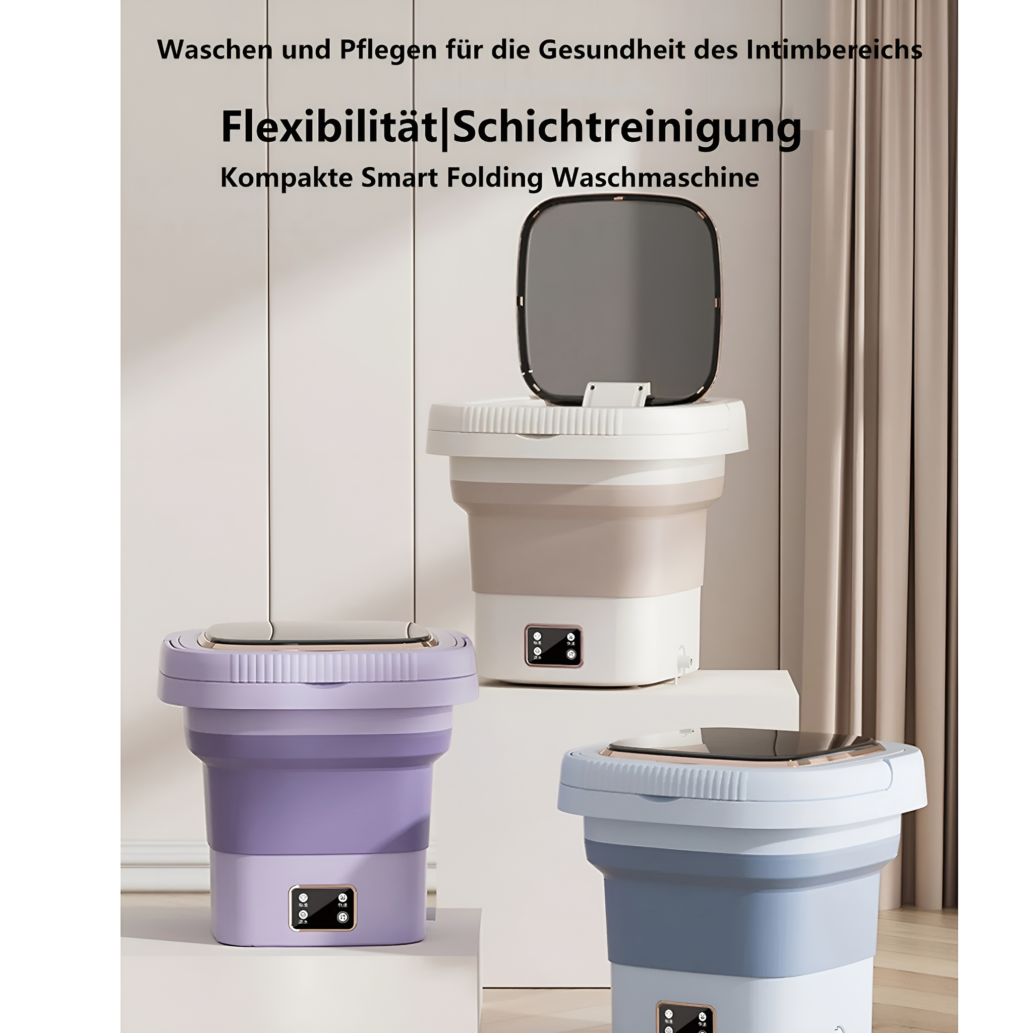 Drei faltbare Waschmaschinen, lila, beige und blau, in einer modernen Umgebung.