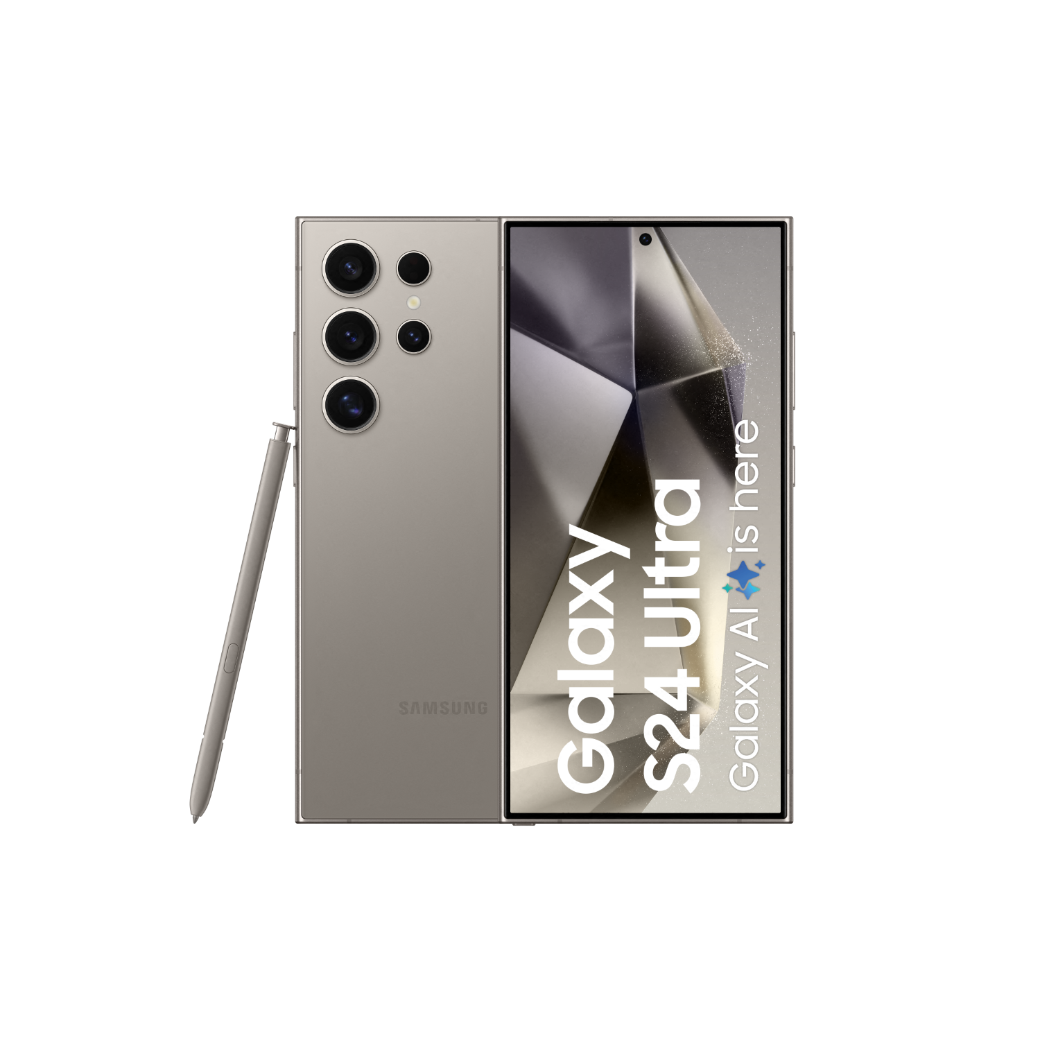 Smartfon z wieloma aparatami i rysikiem obok, z tekstem Galaxy S24 Ultra.