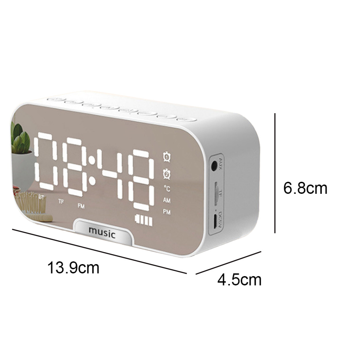 Weißer digitaler Wecker mit der Anzeige 08:48, mit den Maßen 13,9 cm x 6,8 cm x 4,5 cm.