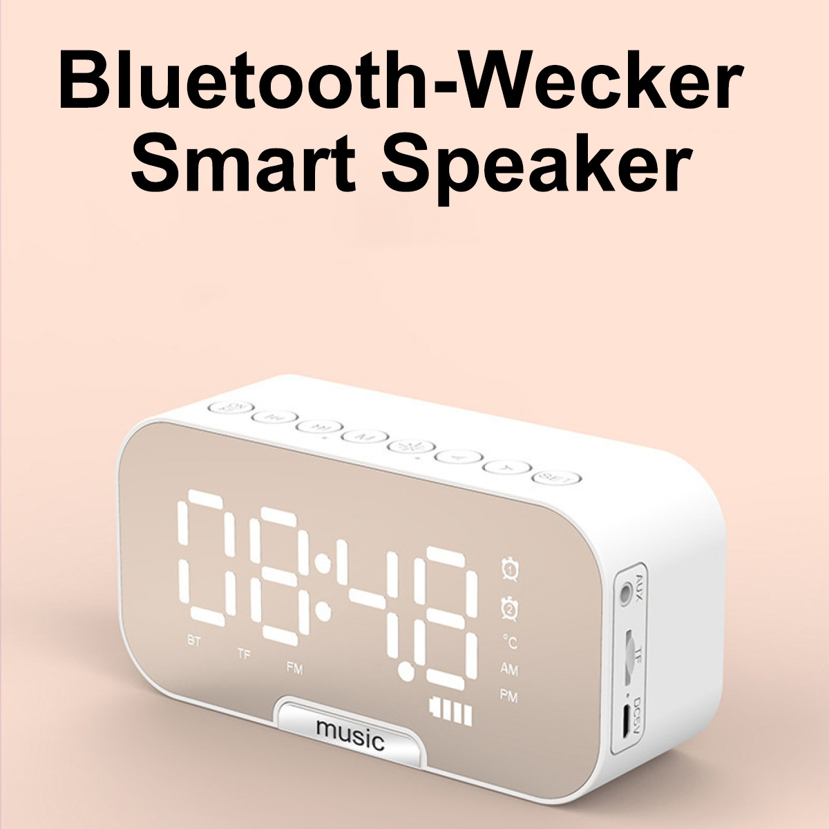 Weiß-goldener Smart Speaker mit Display, das Zeit und Bedienelemente zeigt.