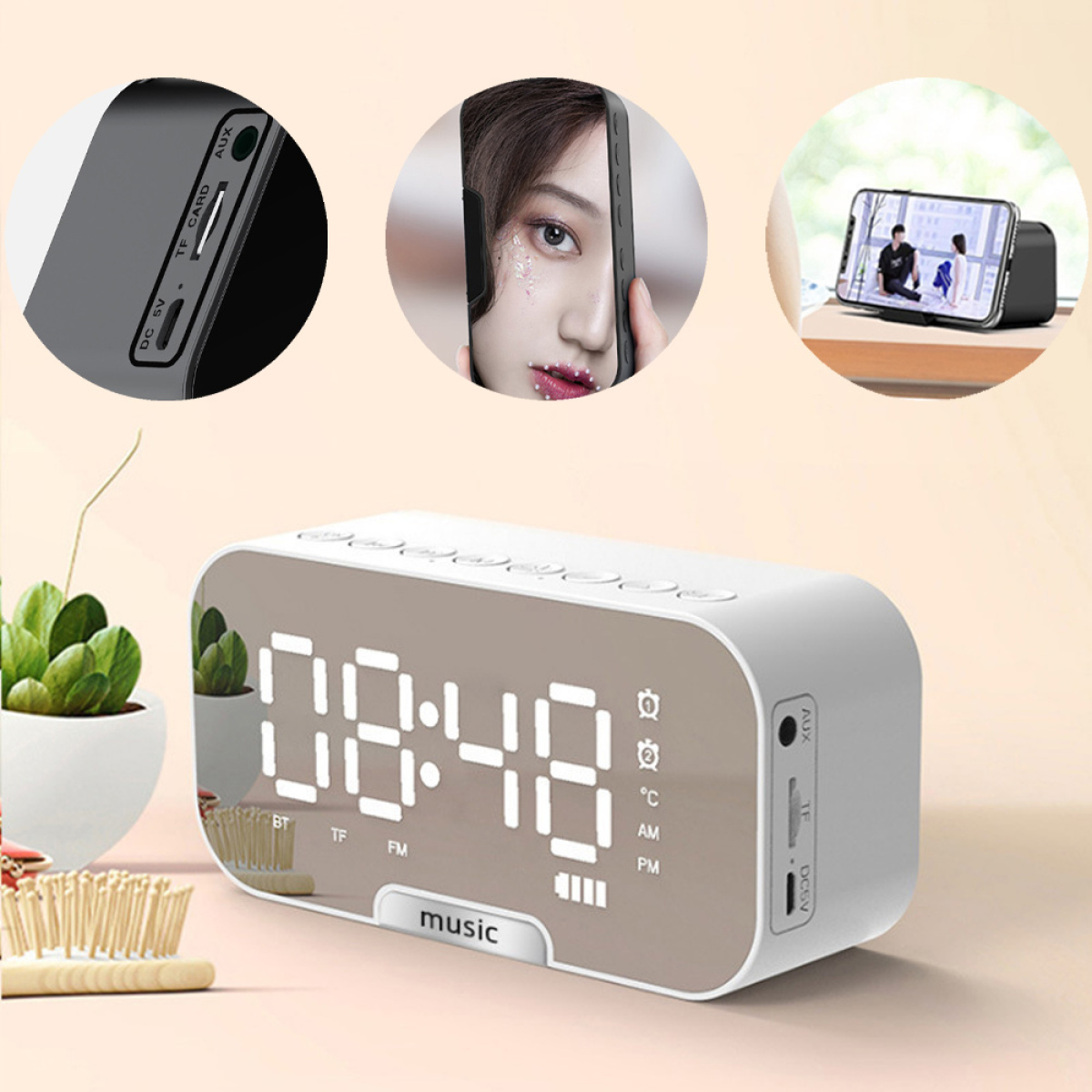 Weiße Digitaluhr mit Spiegelanzeige, zeigt die Uhrzeit. Verschiedene Objekte drumherum.