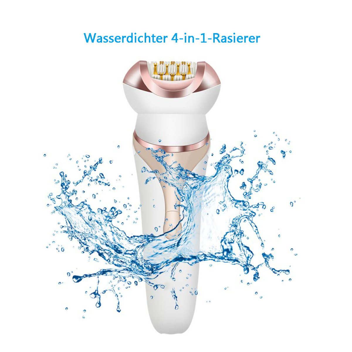 Weißer und goldener elektrischer Rasierer mit Wasserspritzern. Text: 'Wasserdichter 4-in-1 Rasierer'.