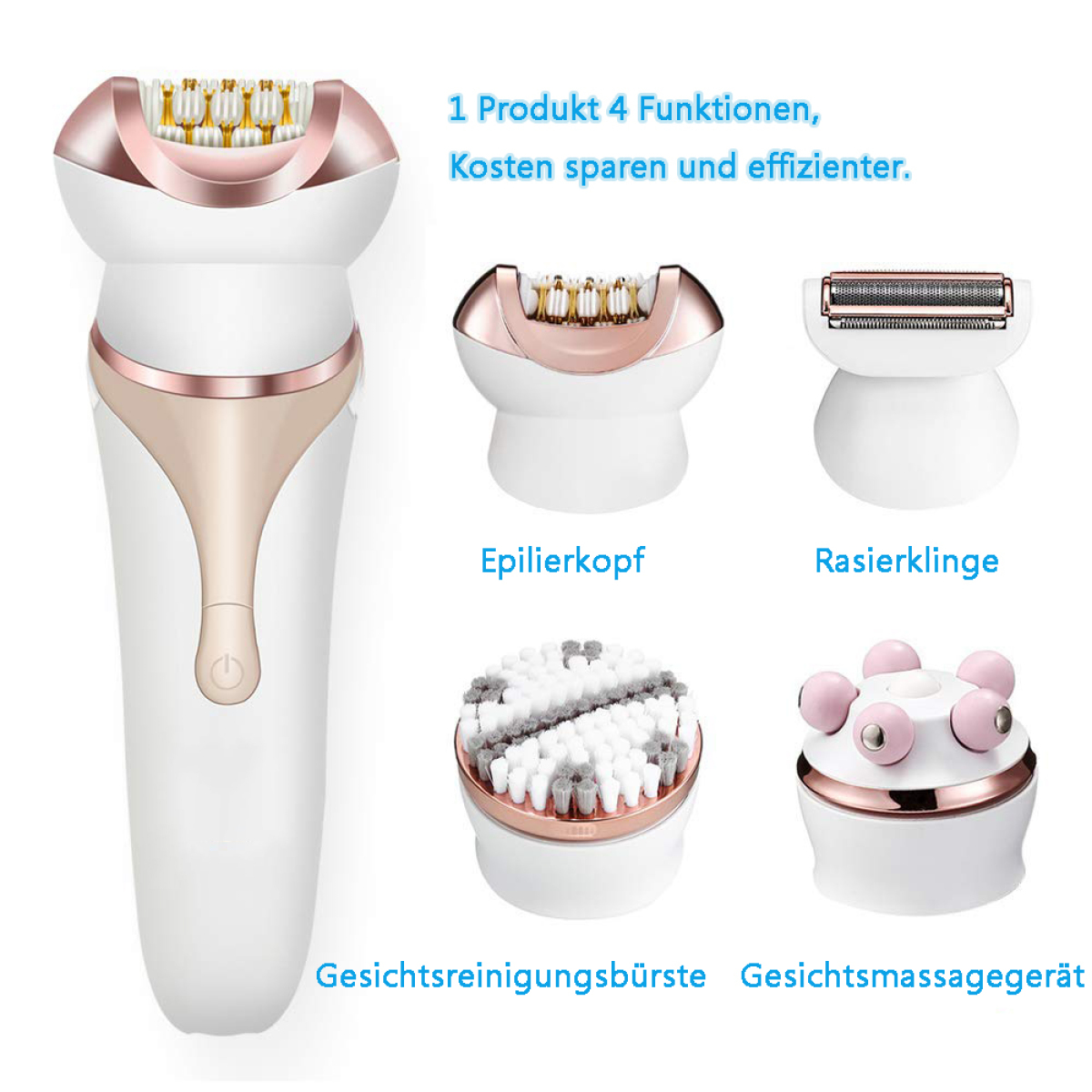 Weißer und goldener Epilierer mit mehreren Aufsätzen. Enthält Epilierkopf, Rasierer, Gesichtsbürste, Massagegerät.