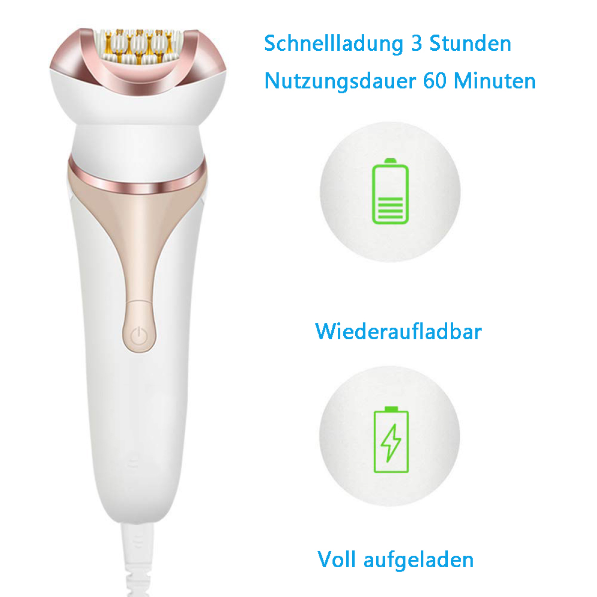 Elektrischer Epilierer mit Text, der schnelles Aufladen und lange Nutzungsdauer angibt.