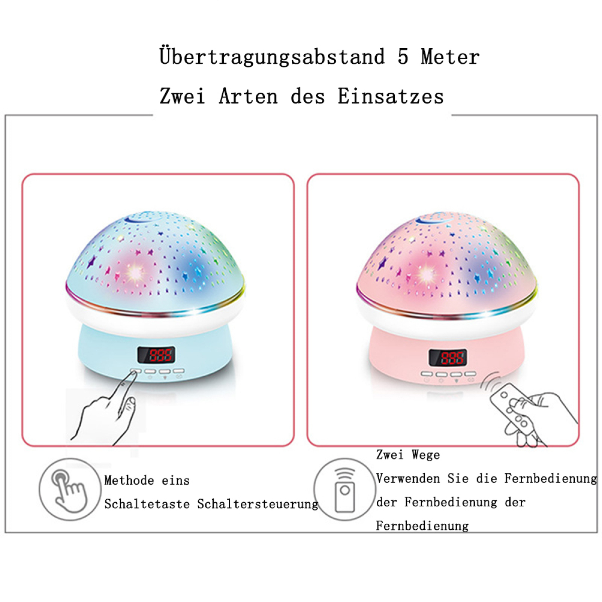 Zwei farbenfrohe Sternprojektoren mit Gebrauchsanweisung. Weißer Hintergrund.