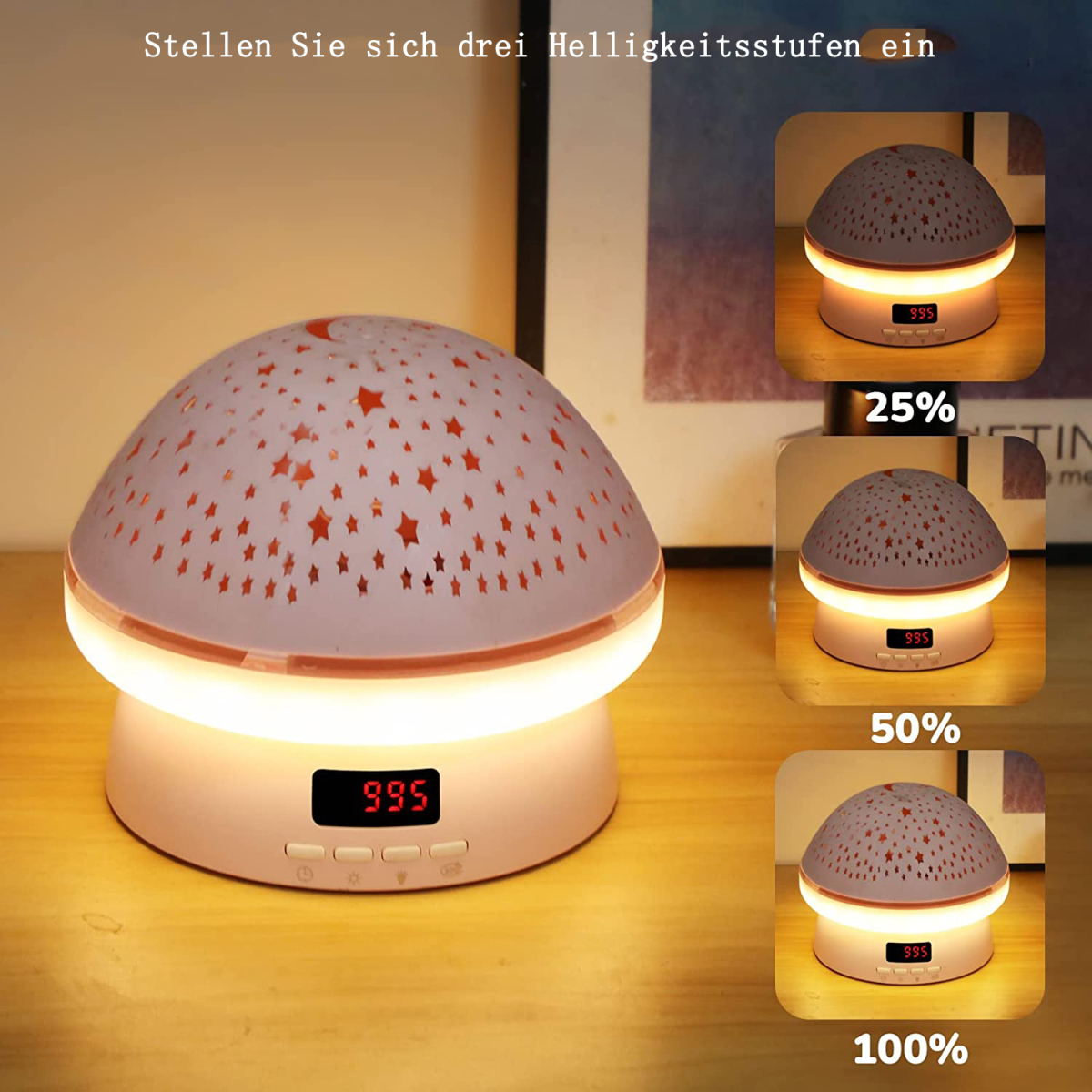 Eine Nachtlampe mit Sternenmuster und drei Helligkeitseinstellungen.