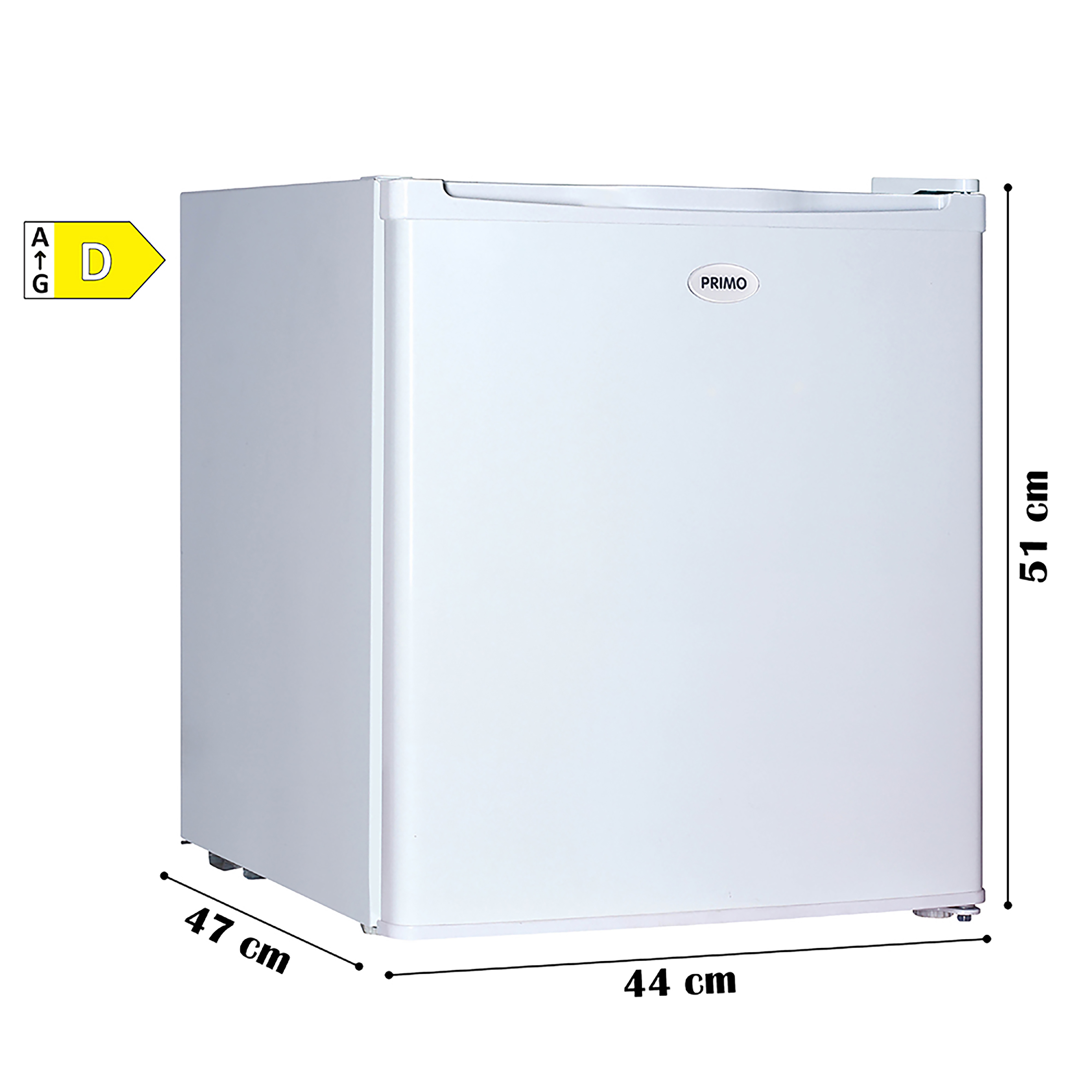 Weißer Kühlschrank. Er hat eine weiße Tür, ein Primo-Logo und ein Energieeffizienz-Label.