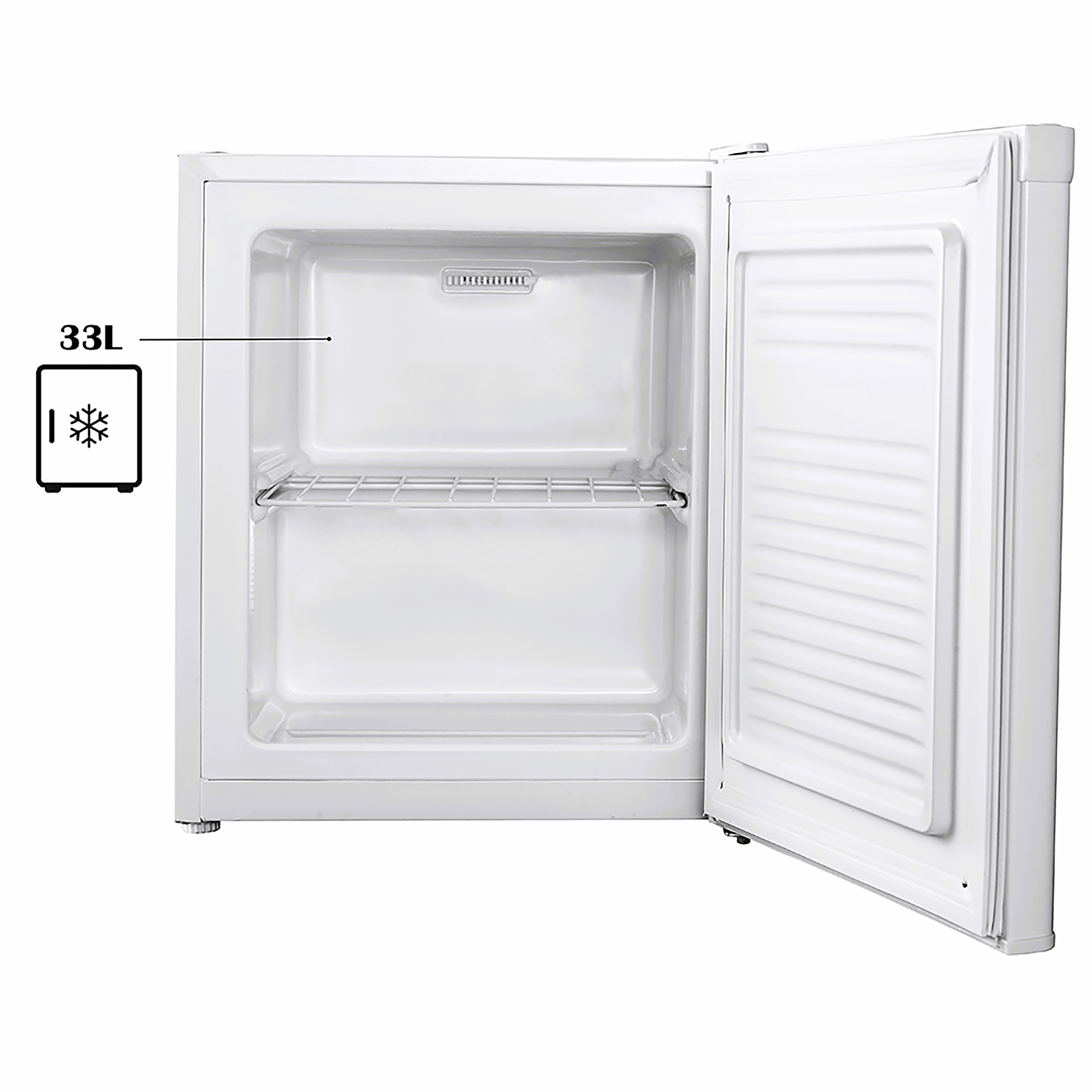 Weißer Mini-Kühlschrank, Tür offen. Innen ein Regal und ein 33L-Etikett.