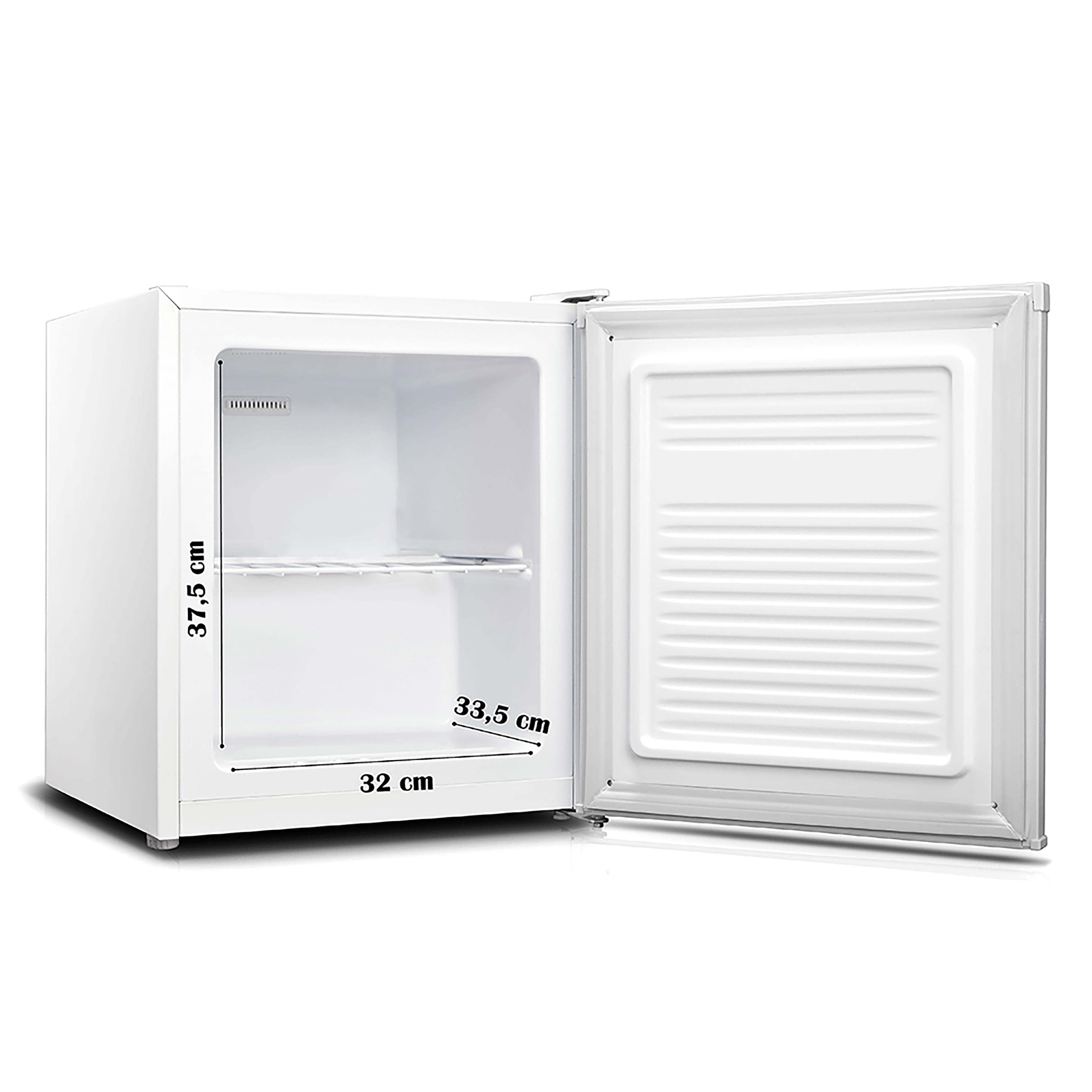 Weißer Mini-Kühlschrank mit offener Tür, Innenraum und Abmessungen in Zentimetern.