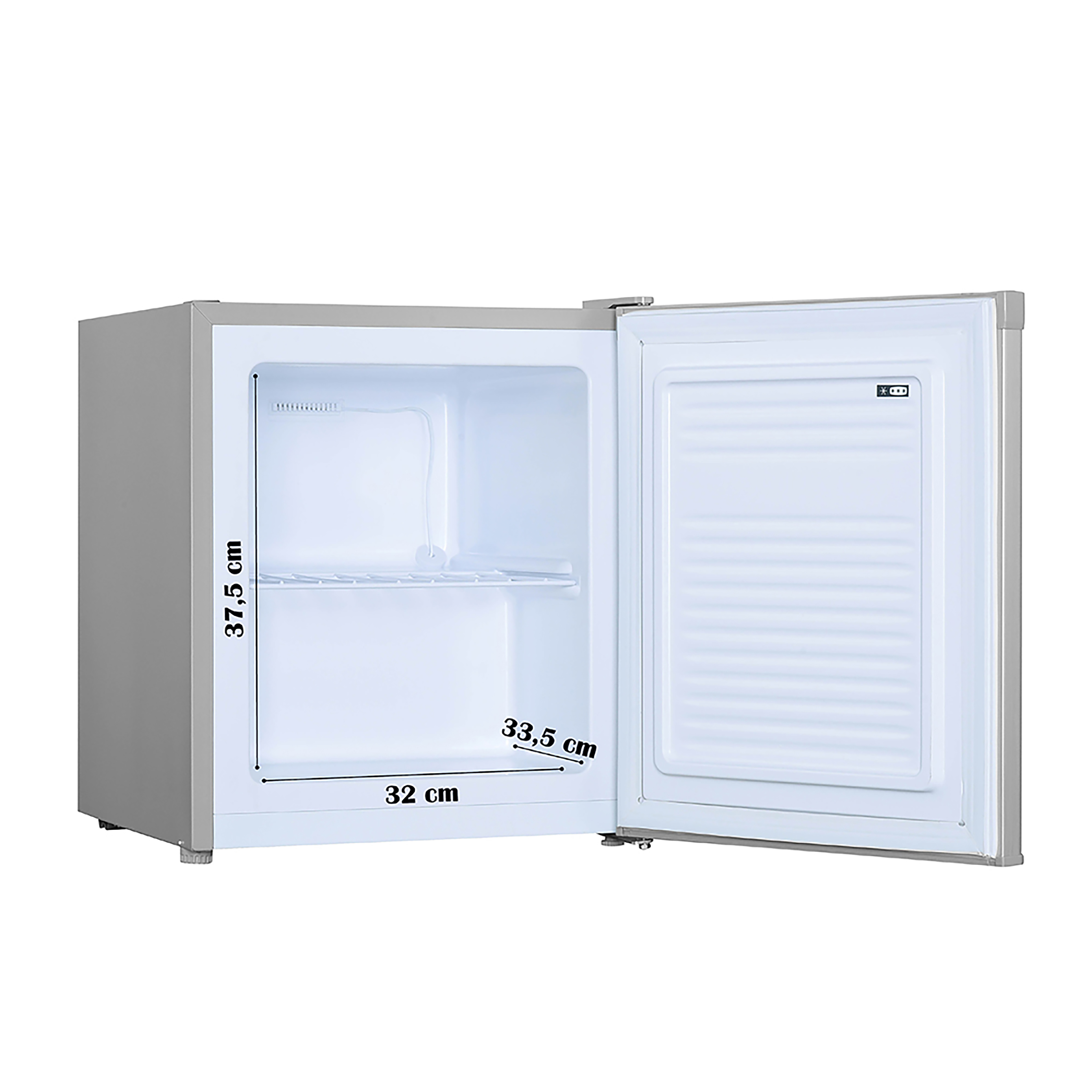 Small refrigerator with door open. Gray and white, measurements in cm on the inside.