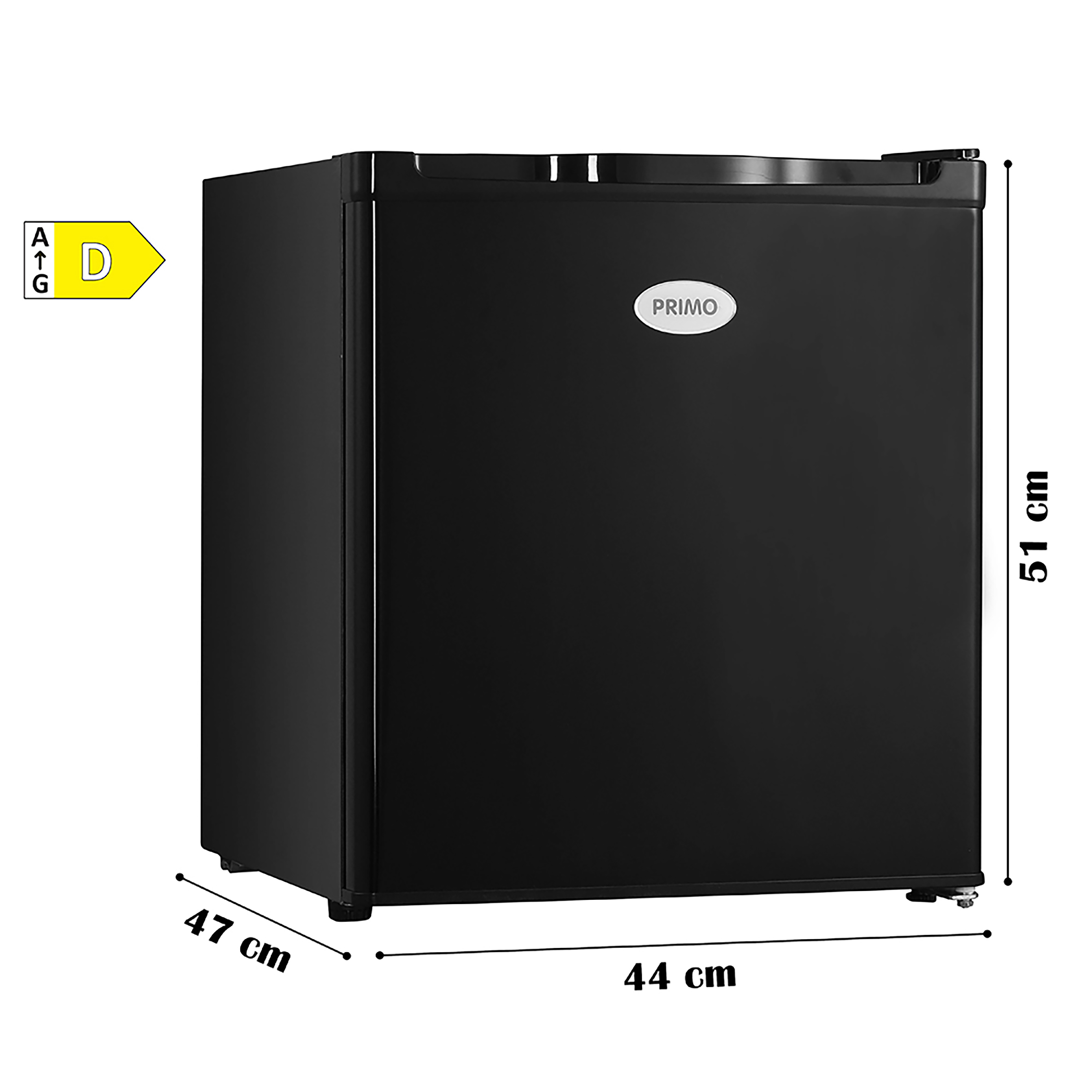 Ein schwarzer Minikühlschrank mit Abmessungen und Energieeffizienzlabel.