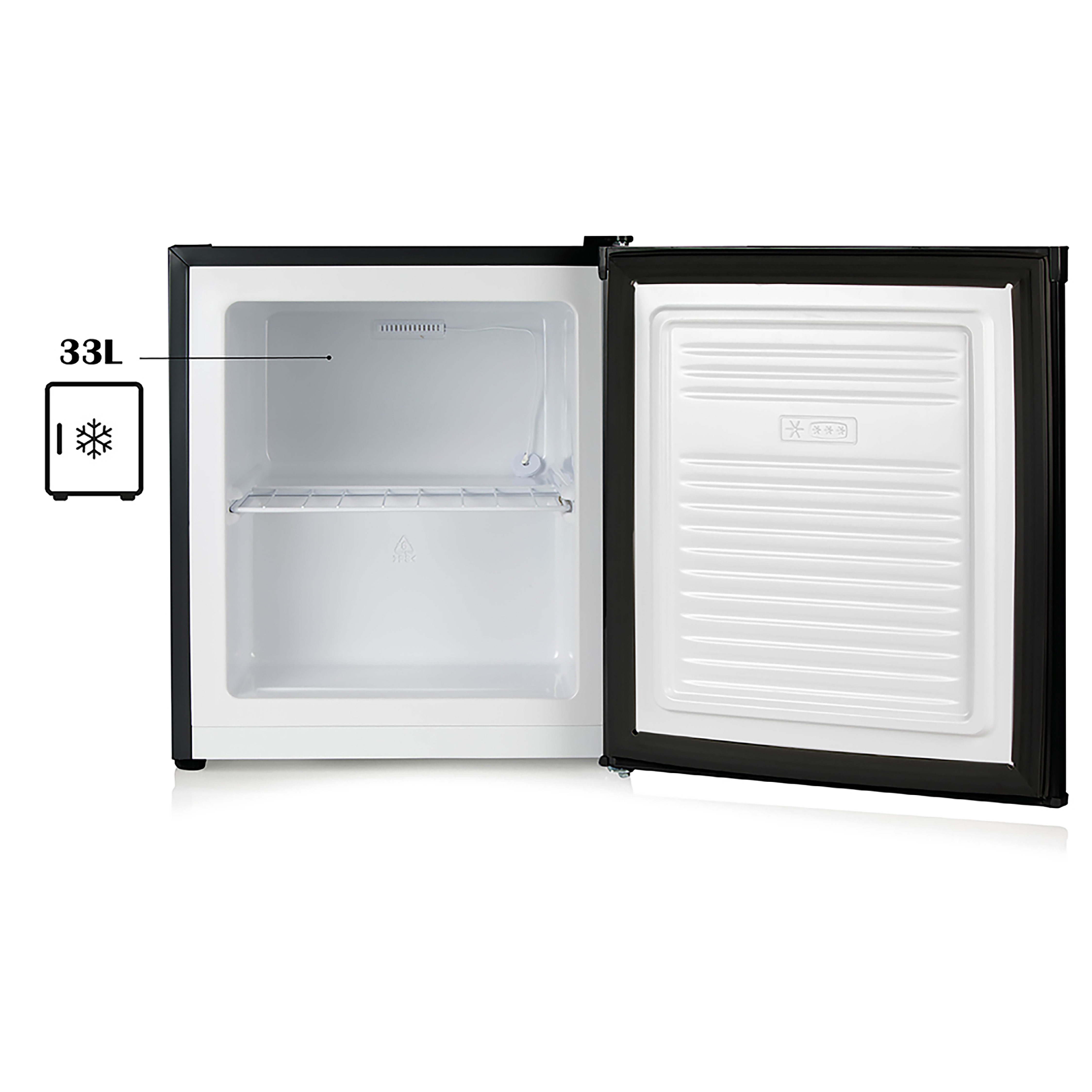 Minikühlschrank mit offener Tür, zeigt das Innere mit Regalen und einem 33L-Etikett.