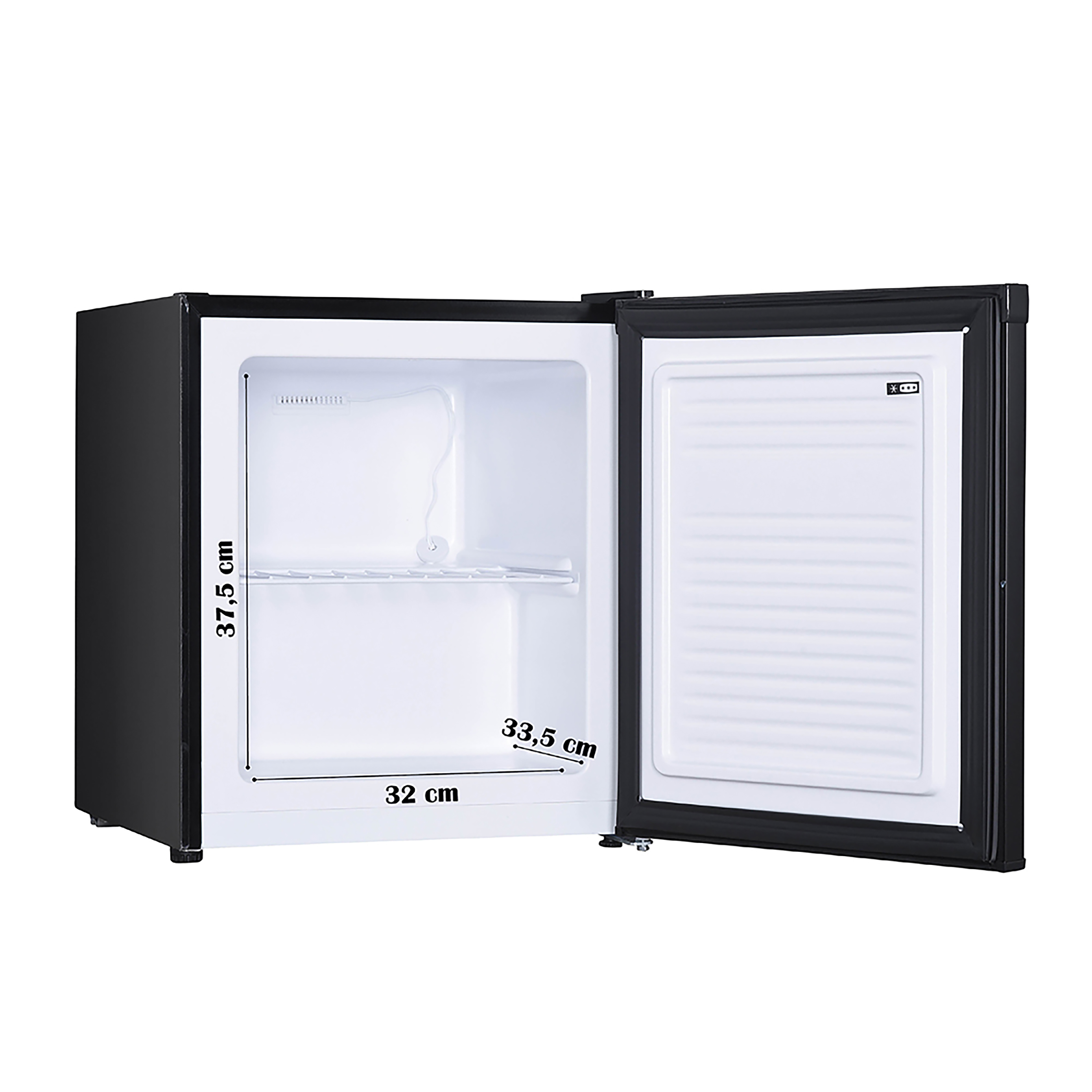 Schwarzer Mini-Kühlschrank mit offener Tür. Innen ein Regal. Abmessungen sind notiert.