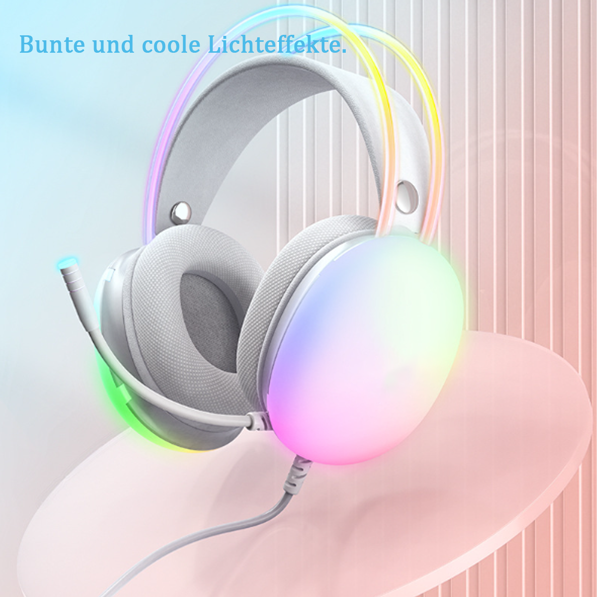 Weiße und graue Gaming-Kopfhörer mit bunten Lichtern. Weißes Kopfband und Ohrmuscheln.