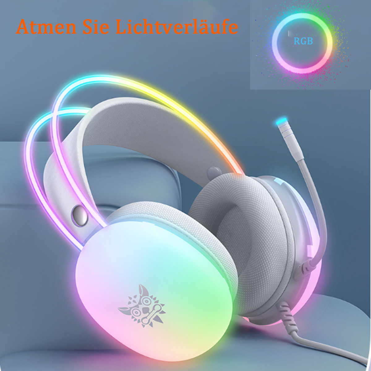 Ein Gaming-Headset mit RGB-Beleuchtung. Das Headset ist weiß und hat ein Mikrofon.