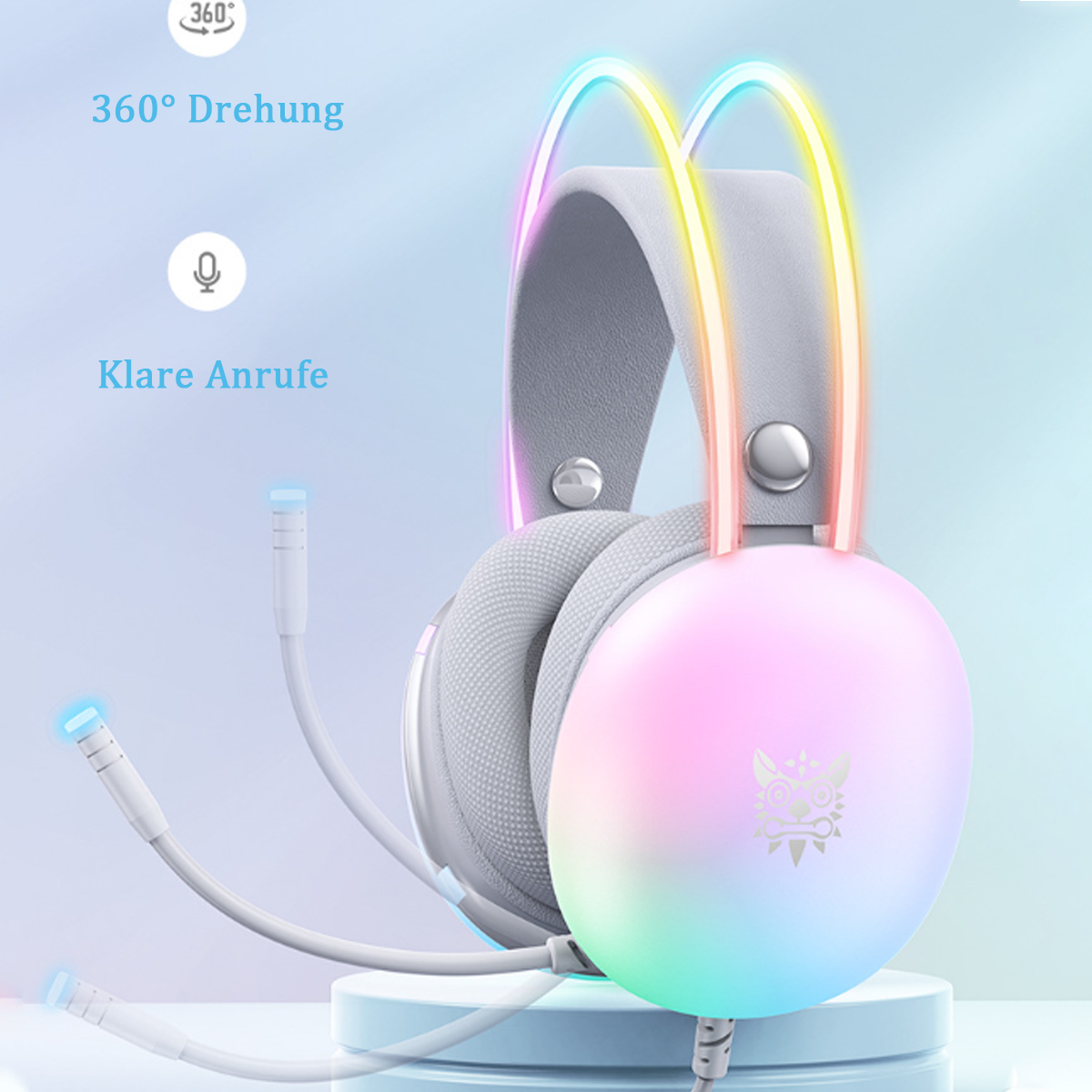 Gaming-Headset mit RGB-Beleuchtung, Grau- und Hellrosa-Farbschema.