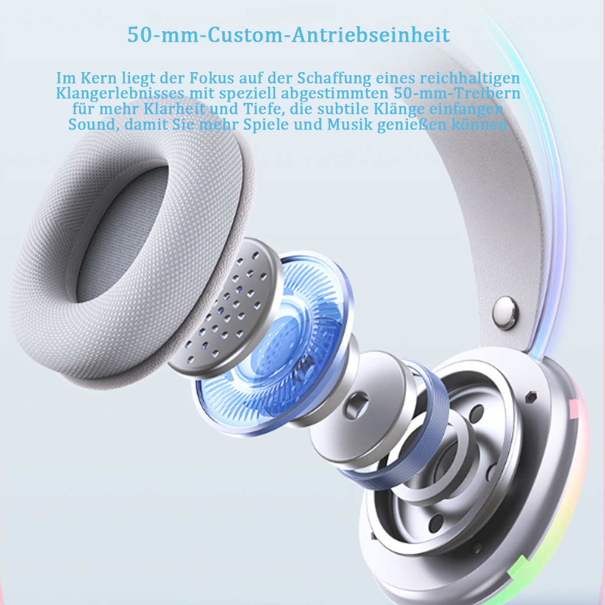 Nahaufnahme eines Kopfhörers, der die inneren Komponenten und Designdetails zeigt.