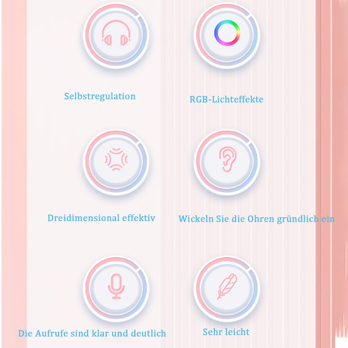 Mehrere Symbole mit Text auf rosa Hintergrund. Symbole zeigen Kopfhörer, Schallwellen und ein Mikrofon.