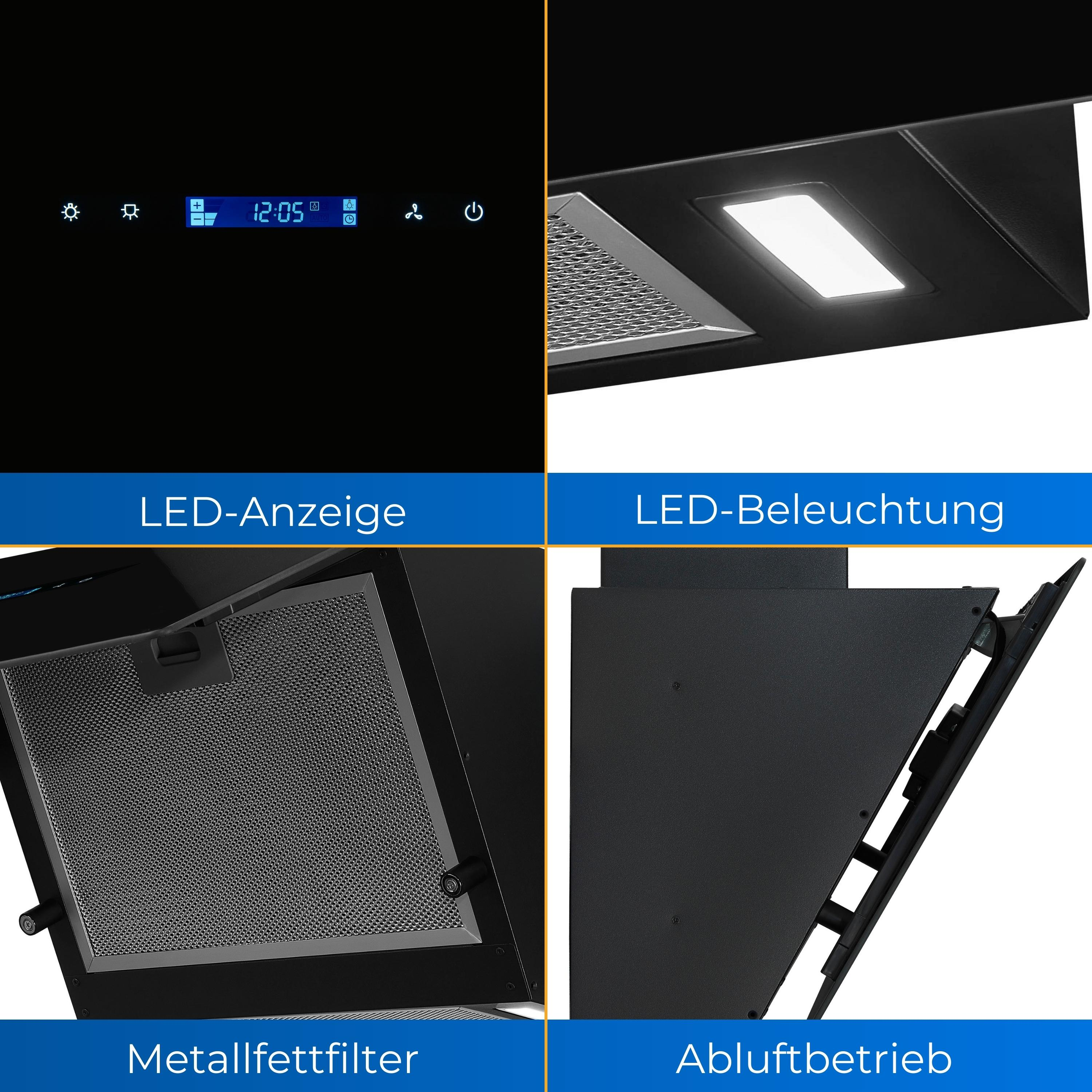 Mehrere Bilder einer schwarzen Dunstabzugshaube, die Display, Lichter, Filter und Abluft zeigen.