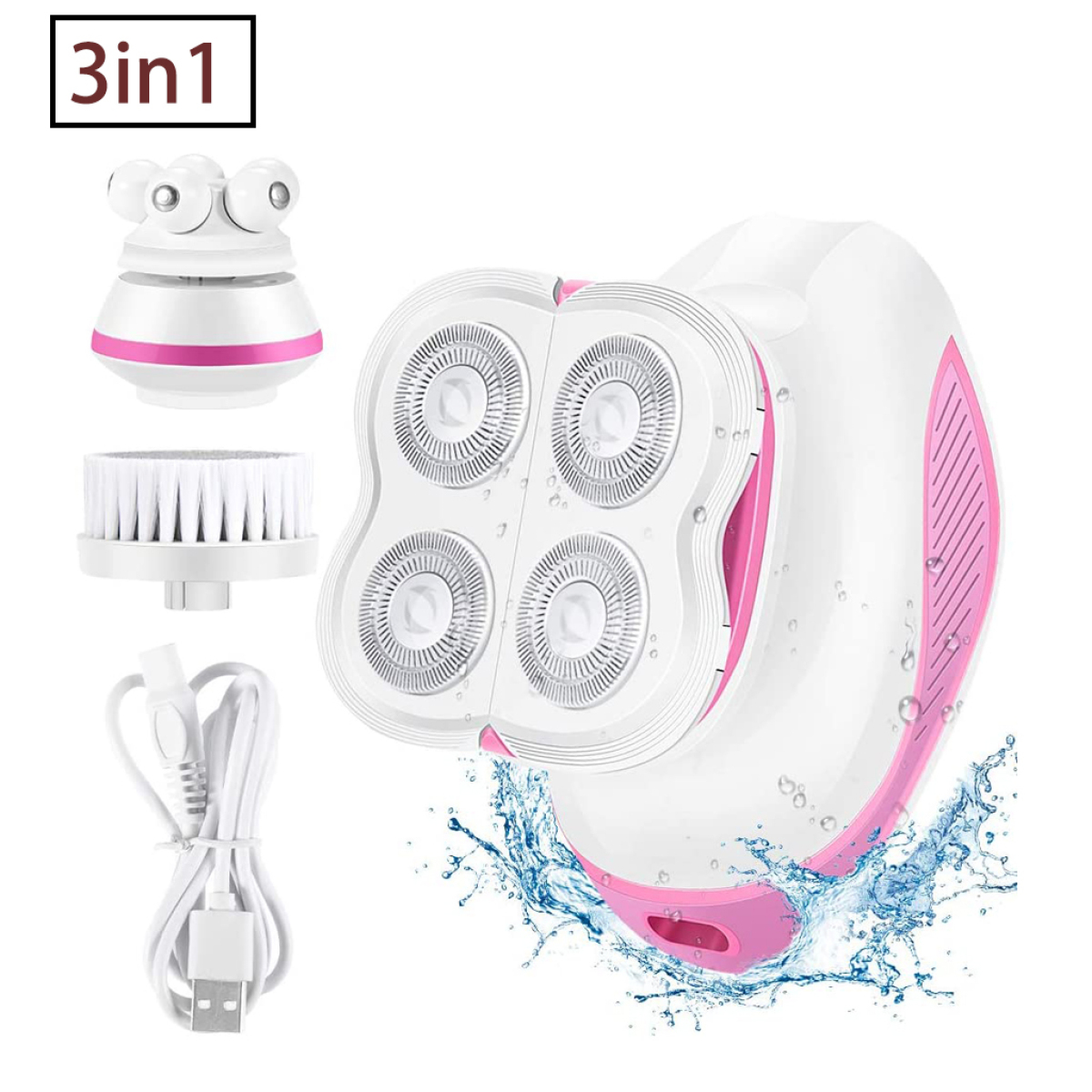 Ein 3-in-1-Epilierer mit drei Köpfen, einer Bürste und einem Ladekabel.