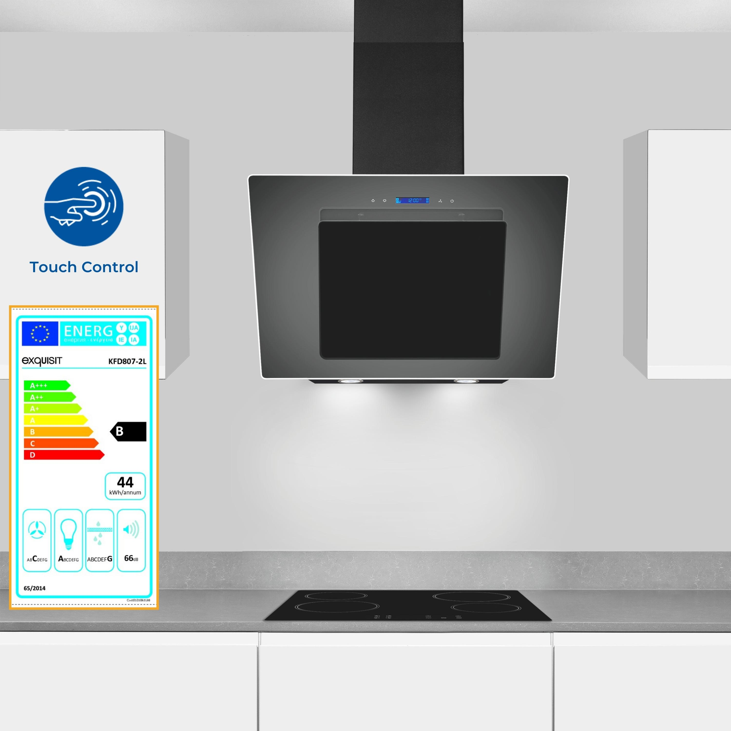 Schwarze Dunstabzugshaube über schwarzem Elektroherd, mit Touch-Control. Energieetikett links.